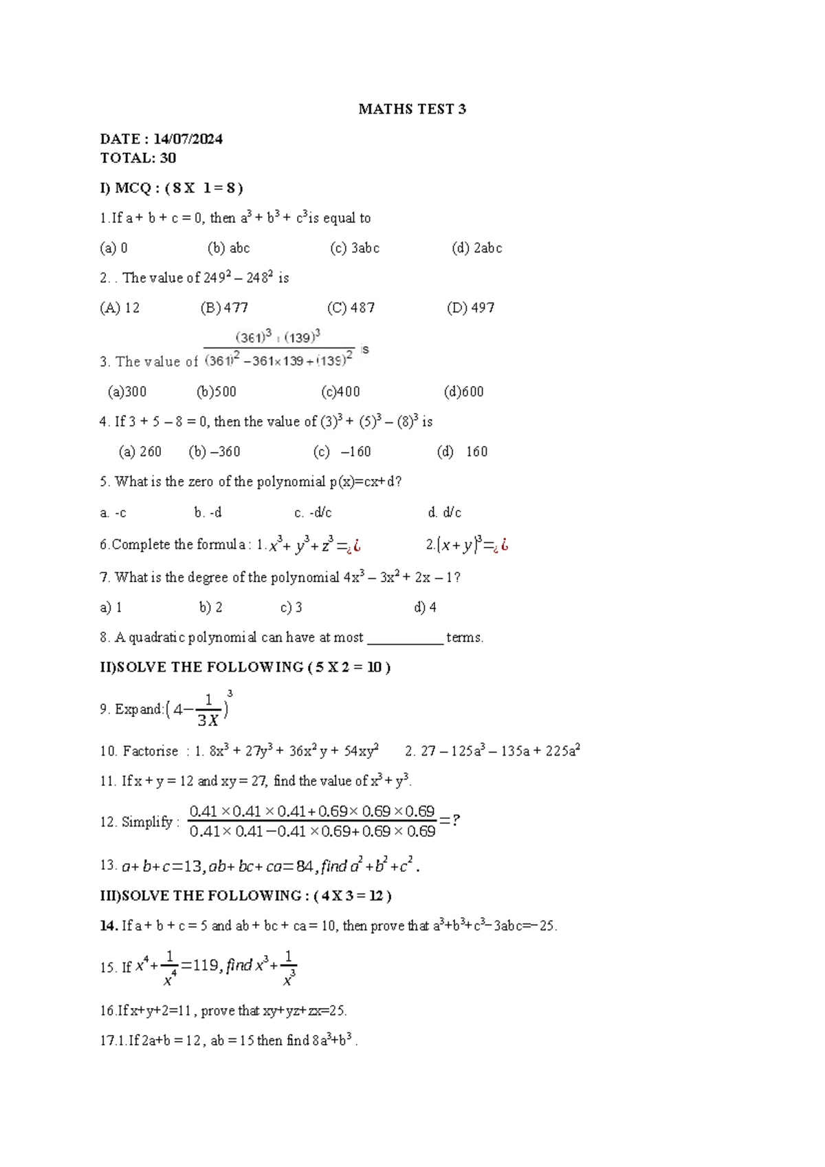 Maths TEST 2 - MATHS TEST 3 DATE : 14/07/ TOTAL: 30 I) MCQ : ( 8 X 1 ...