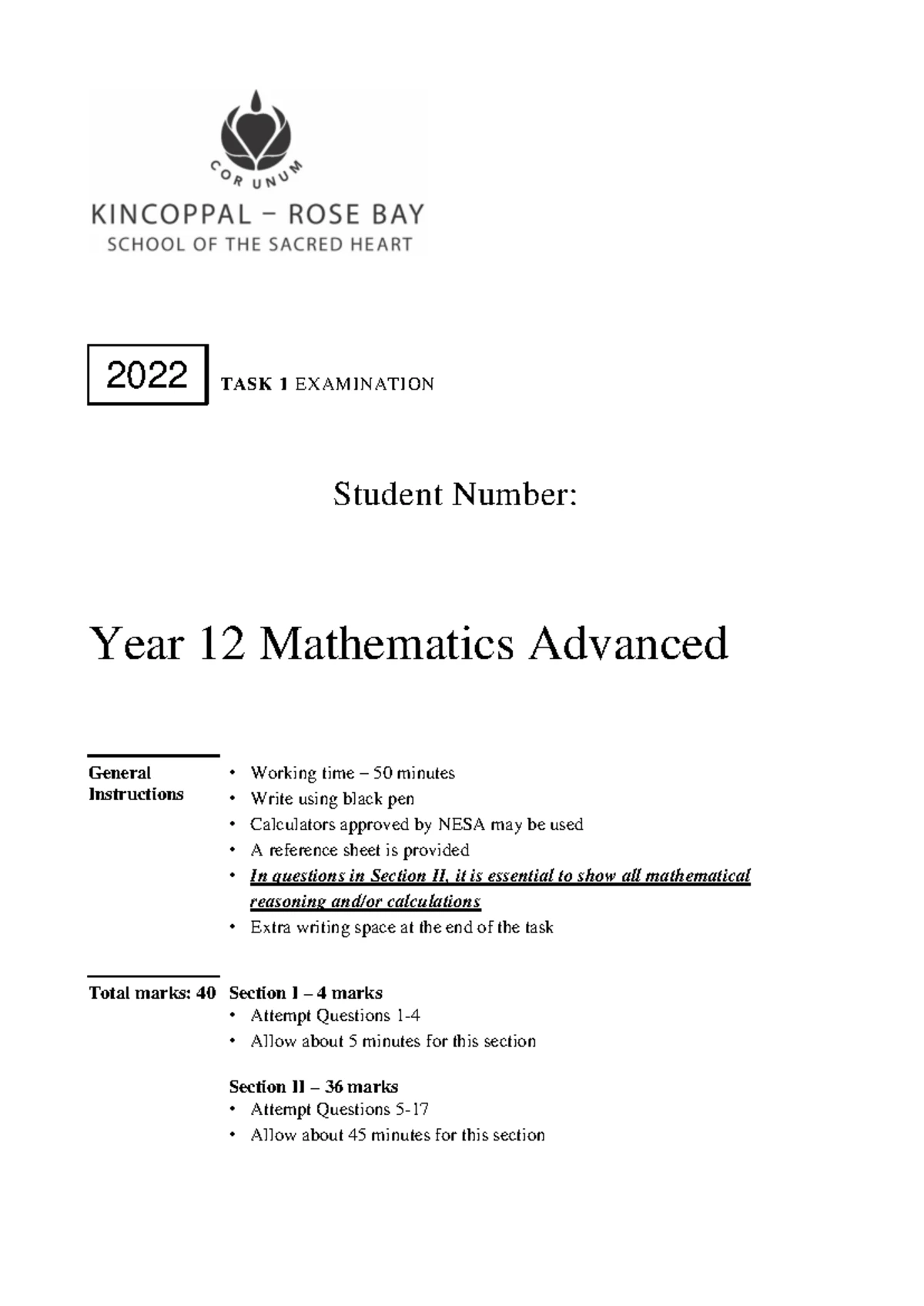 2021 HSC Mathematics Advanced Task 1 - Alternate Exam Paper - Studocu