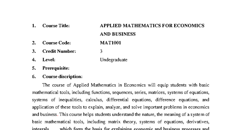 Syllabus MAT1001 - Applied Mathematics for Economics and Business - Studocu