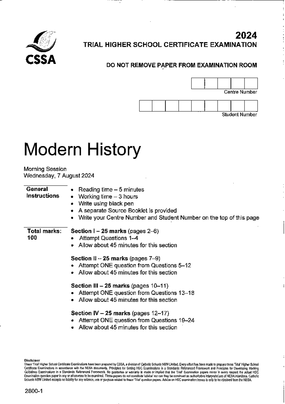 2024 Trial HSC Exam: Modern History CSSA Paper - Studocu