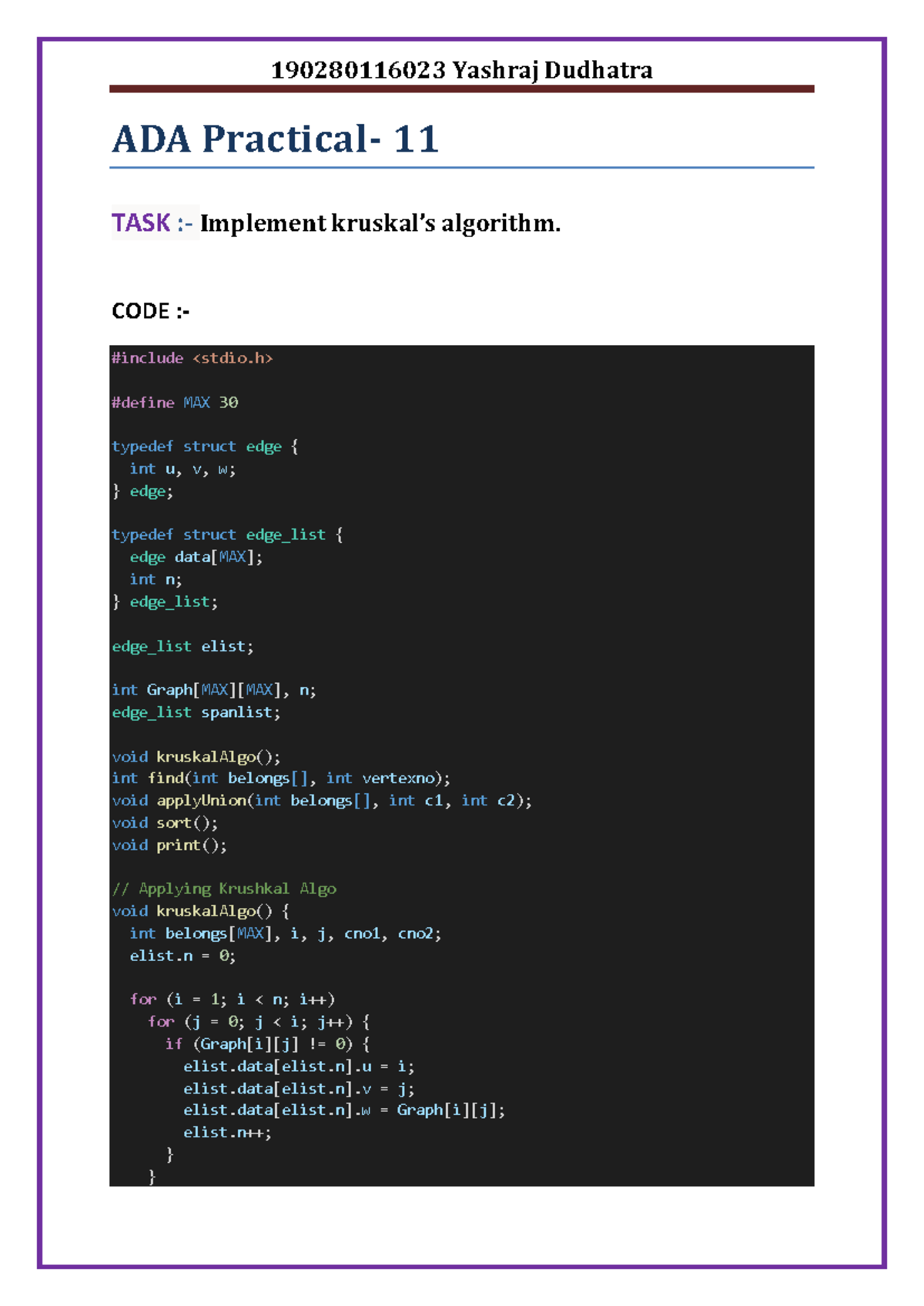ADA Practical-11: Implementation of Kruskal's Algorithm in C - Studocu