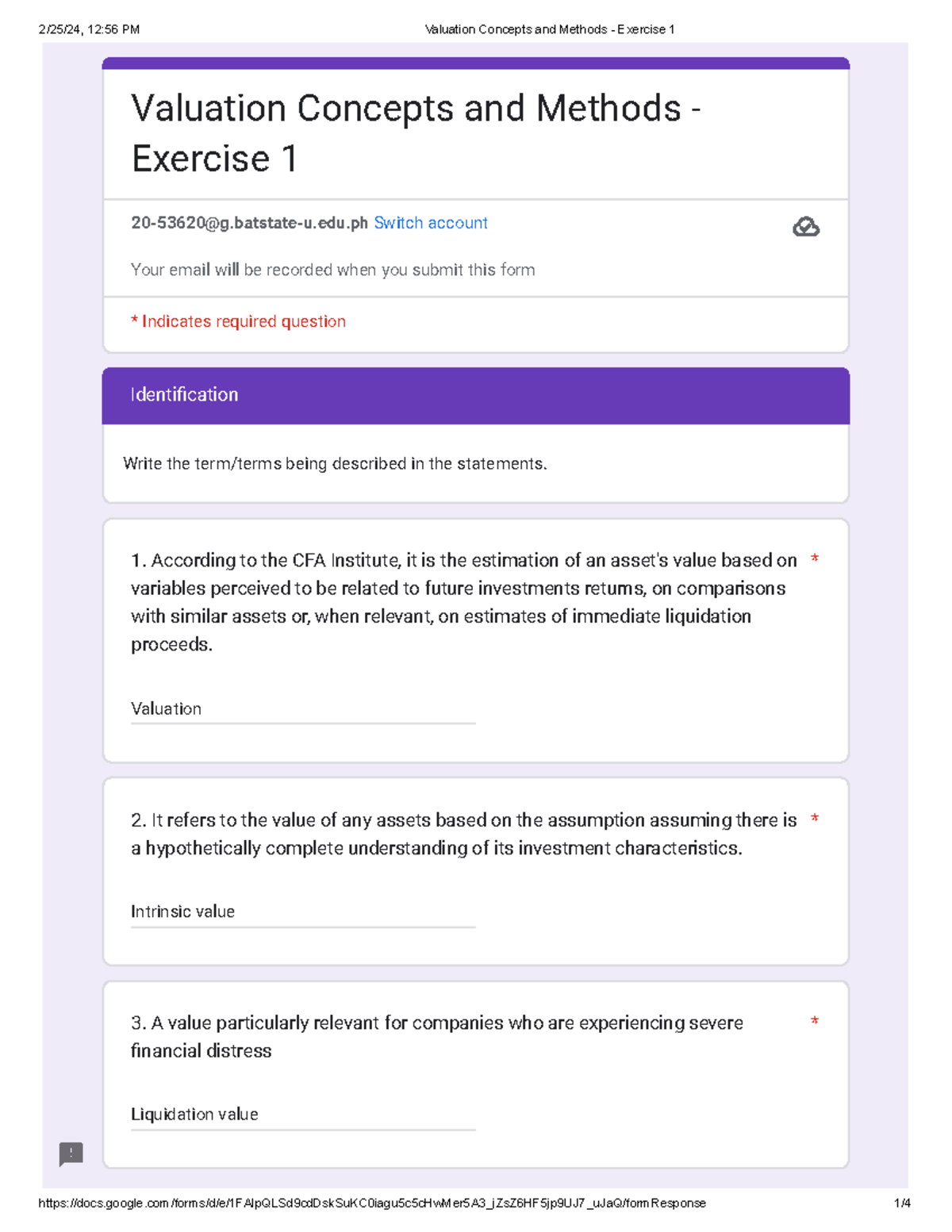 Valuation Concepts and Methods Exercise 1 Identi - Identification Write ...