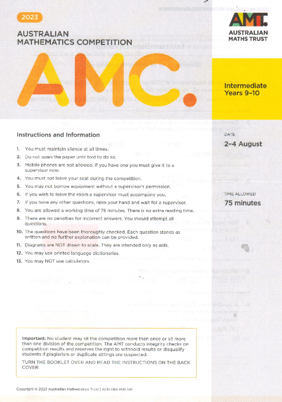 AMC 2023- intermediate - 2023 AMT. AUSTRALIAN AUSTRALIAN MATHS TRUST ...