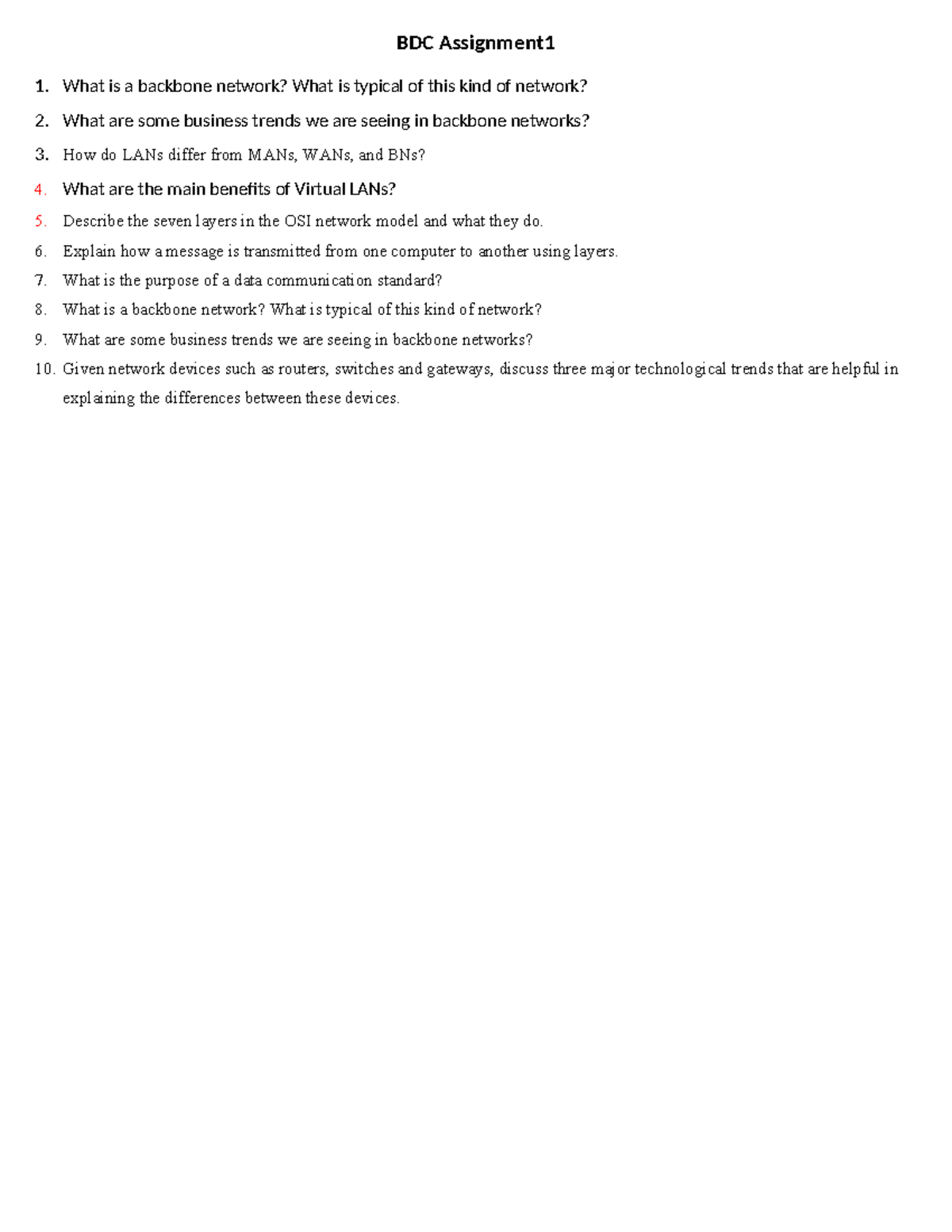 BDC 101 - Assignment 1: Lecture Notes on Backbone Networks and OSI ...