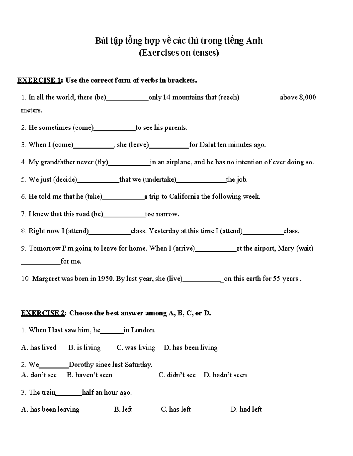 Bài Tập Tổng Hợp Về Các Thì Trong Tiếng Anh - EXERCISE 1-4 - Studocu