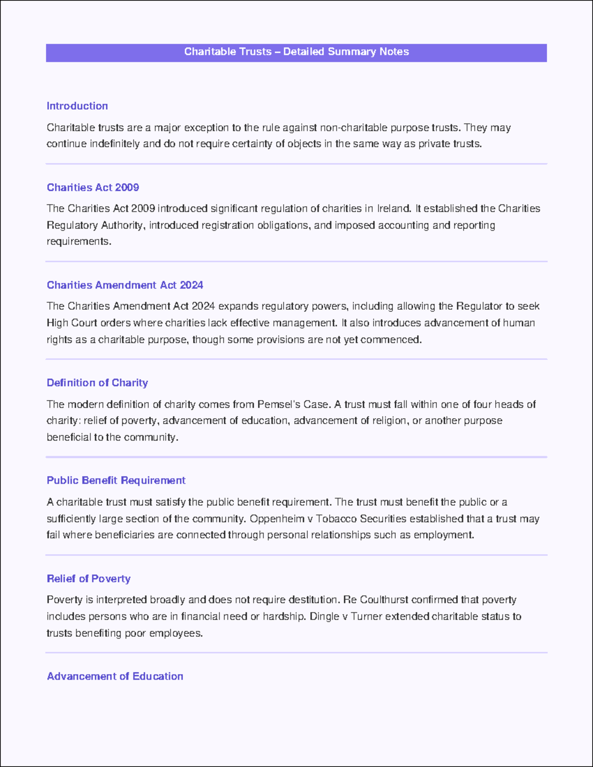 Charitable Trusts Summary Notes (Law 101) - Studocu