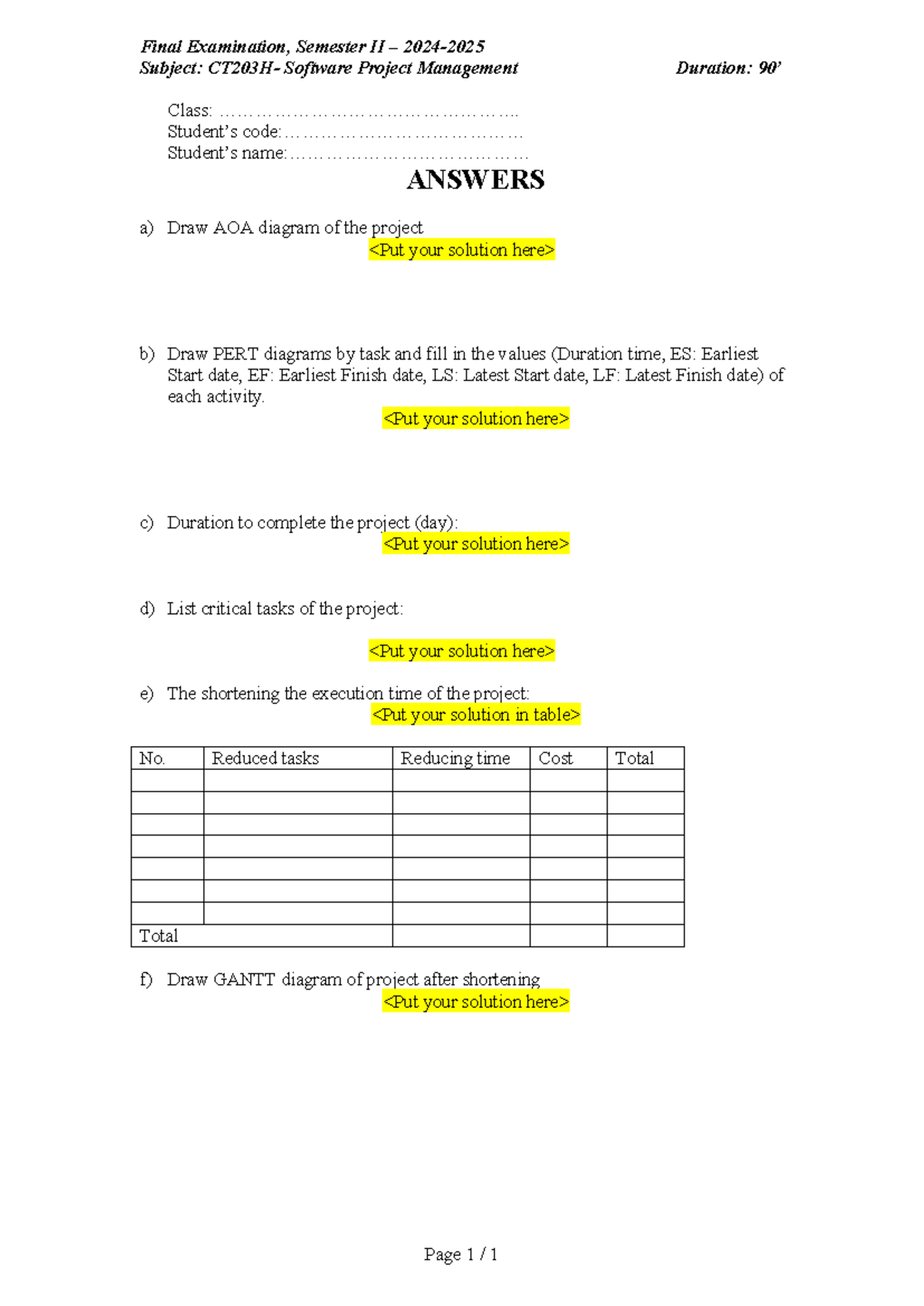 Final Exam Answers for CT203H: Software Project Management - Studocu