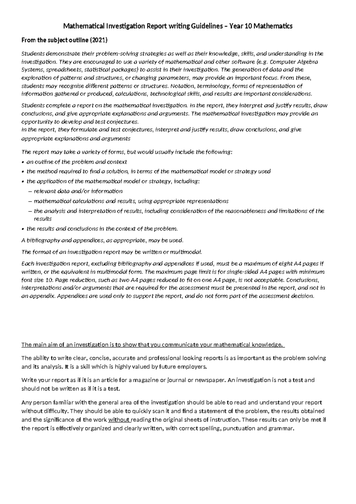 Year 10 Math: Guidelines for Writing Investigation Reports - Studocu
