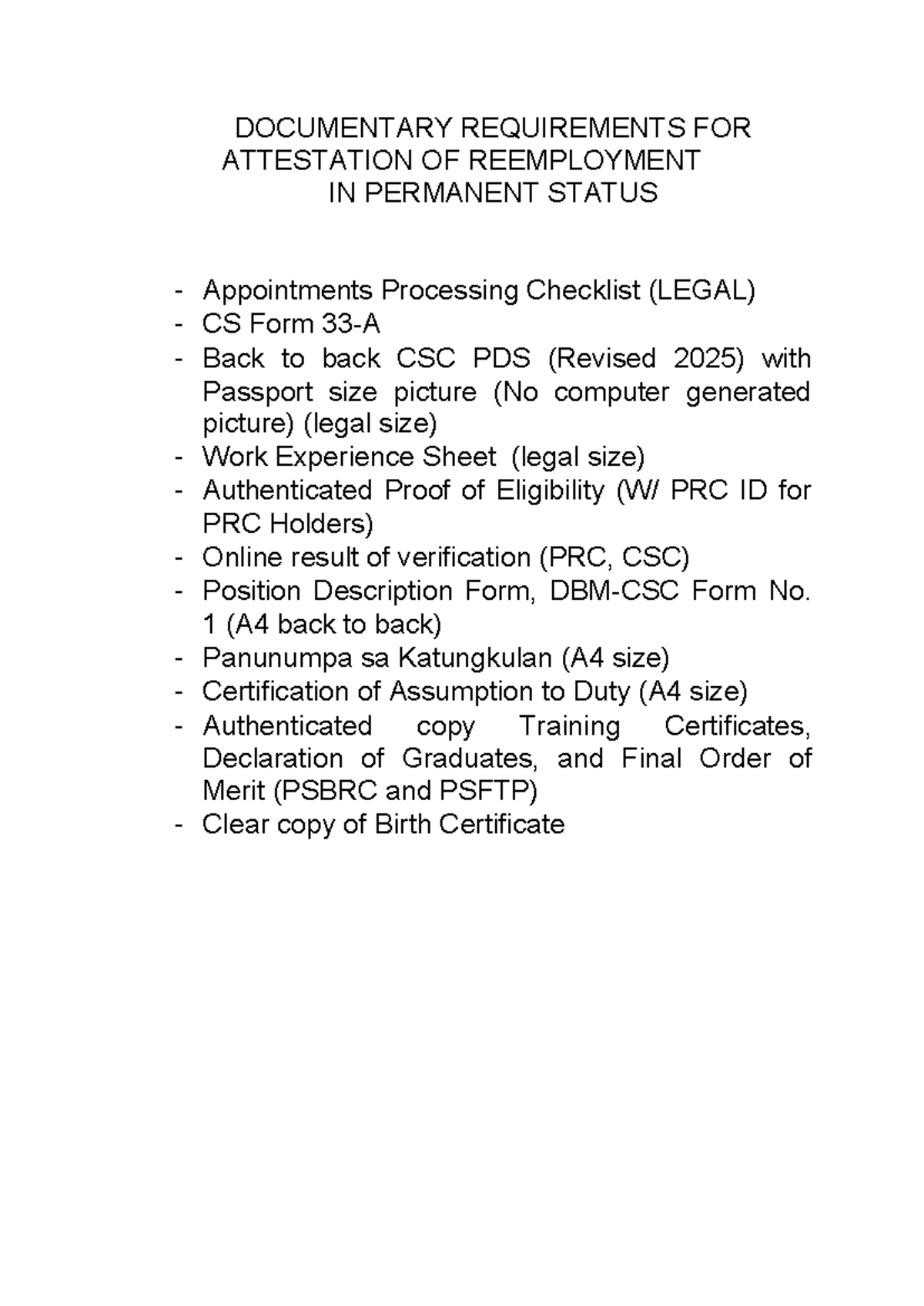 Documentary Requirements for Attestation of Reemployment (CS Form ...