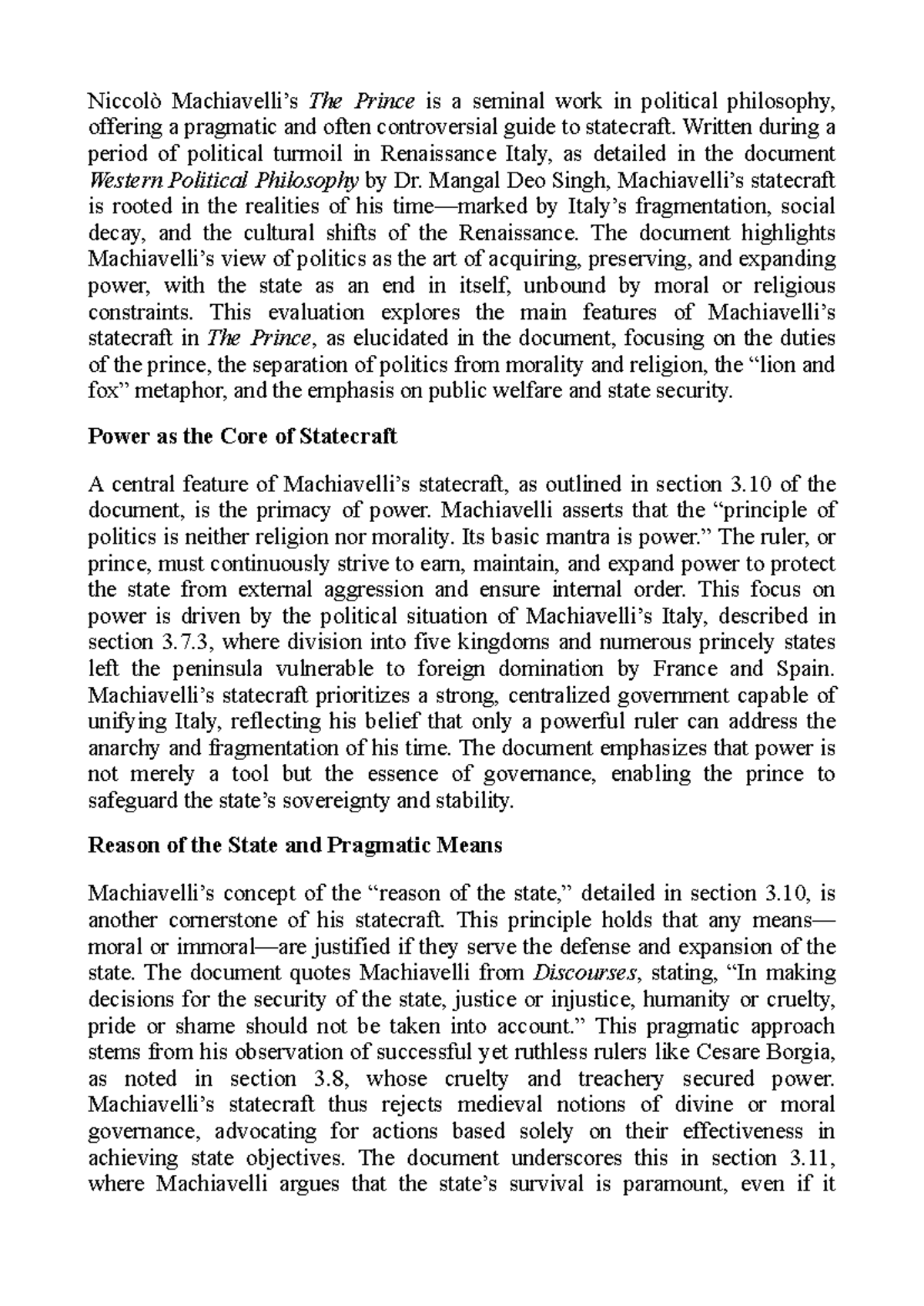 Western Political Philosophy: Machiavelli's The Prince Analysis (POLS ...
