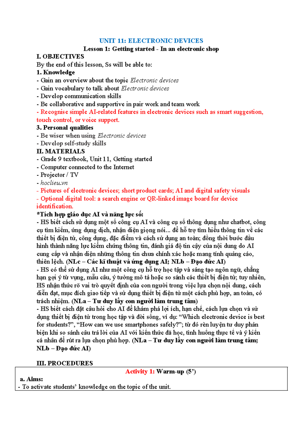 UNIT 11: ELECTRONIC DEVICES Lesson 1 Overview and Activities - Studocu