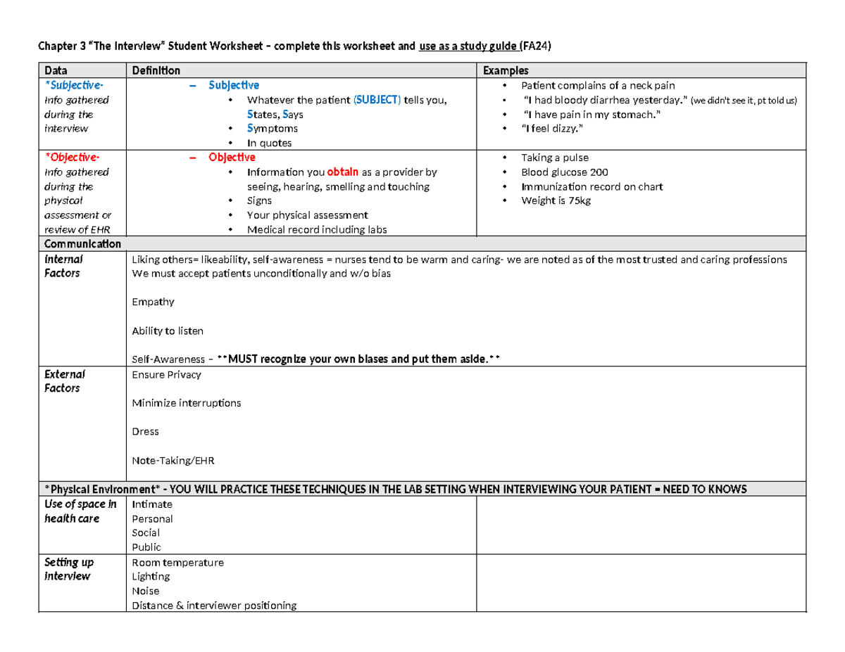 CH3: Interview Techniques Worksheet & Study Guide (FA24) - Studocu