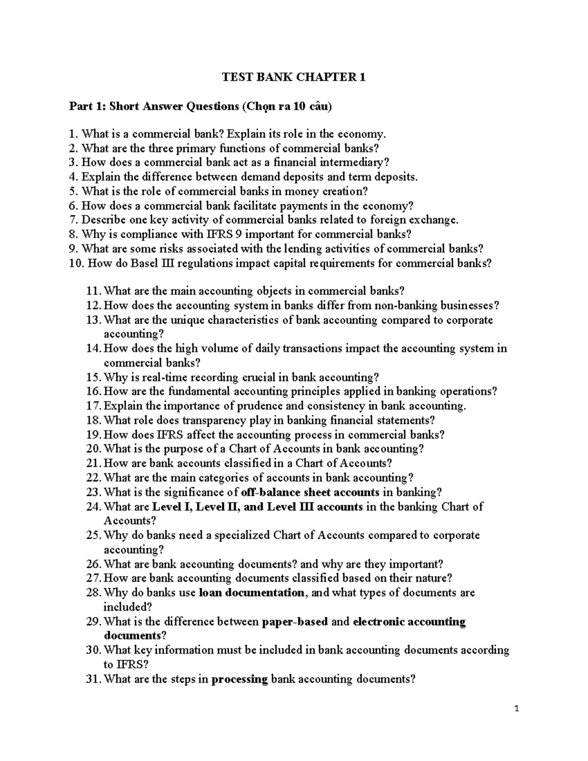 TEST BANK CHAPTER 1: Short Answer & MCQs on Commercial Banks - Studocu