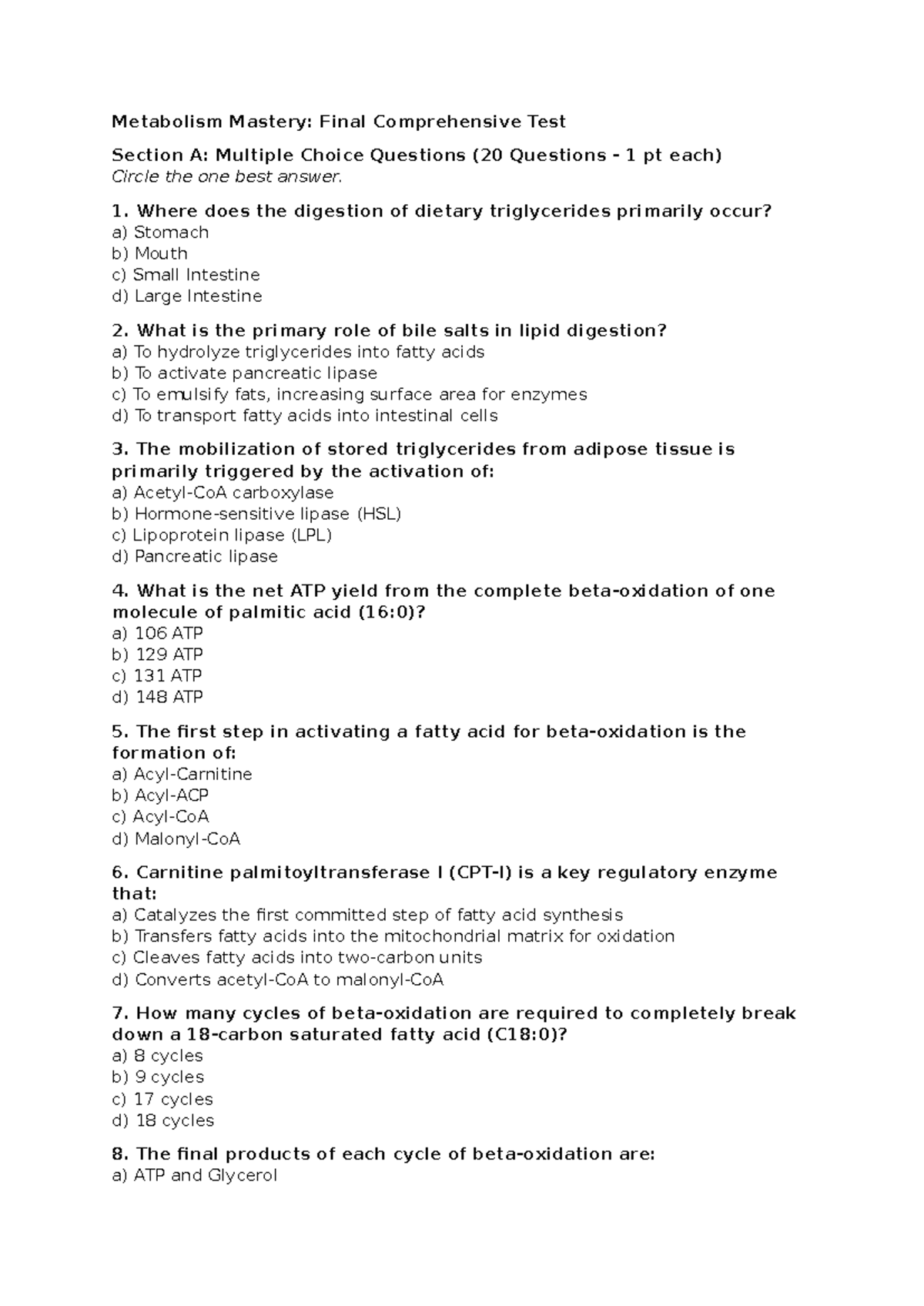 Metabolism Mastery: Final Exam Practice on Lipid Metabolism - Studocu