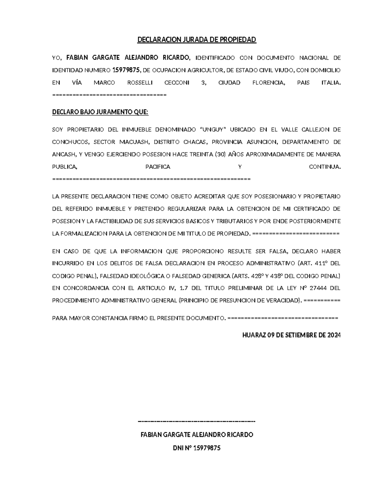 Declaración Jurada de Propiedad - Fabian Gargate - Sept 2024 - Document Preview