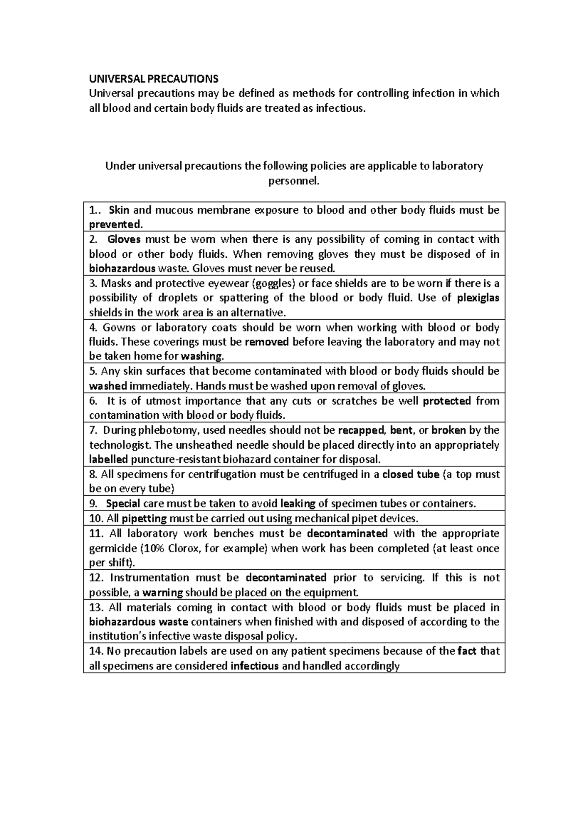 UNIVERSAL PRECAUTIONS: Infection Control Guidelines for Lab Personnel ...