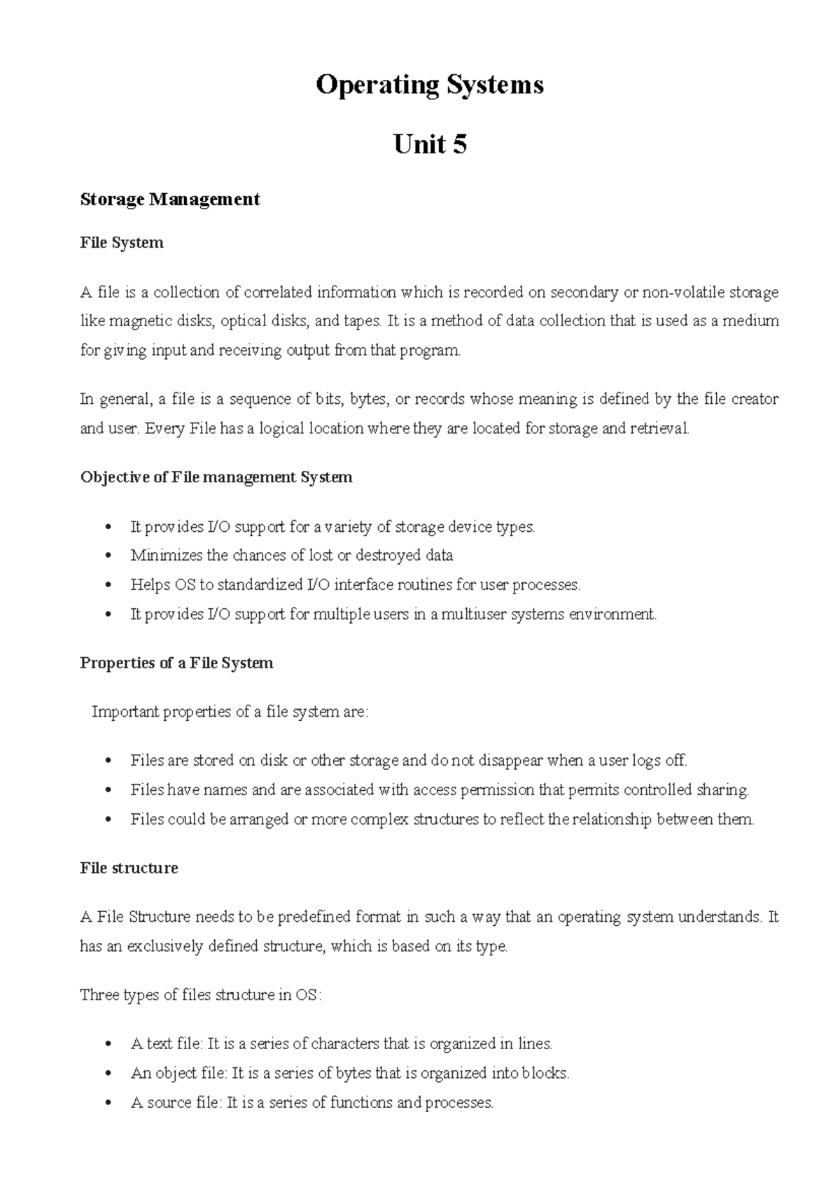 OS Module 5 - Comprehensive Notes on File System Management - Studocu