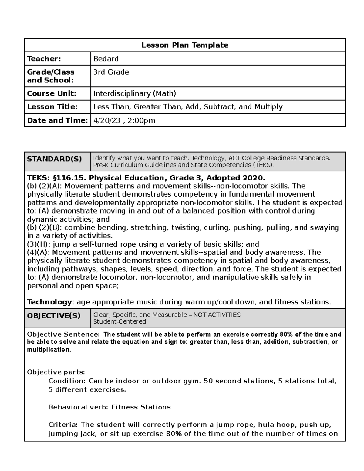Lesson Plan 2: Add, Subtract, and Multiply for 3rd Grade by Bedard ...