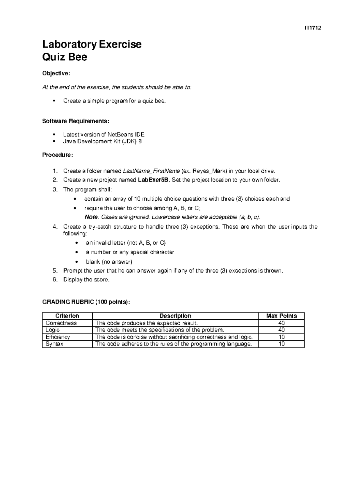 Lab Exercise 2(3) - Quiz Bee Programming with Java in IT - Studocu