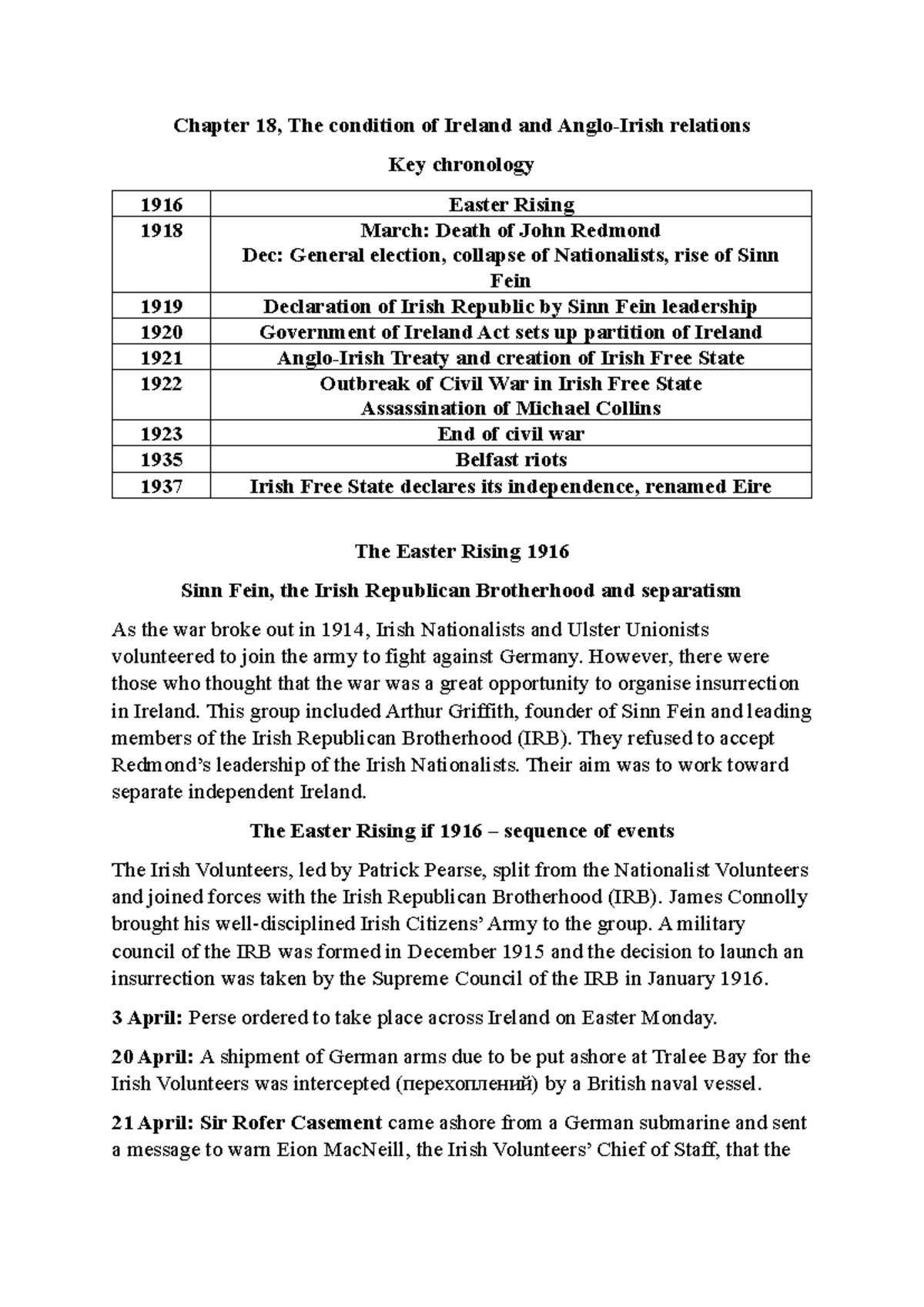 Chapter 18: The Condition of Ireland and Key Events (1916-1923) - Studocu