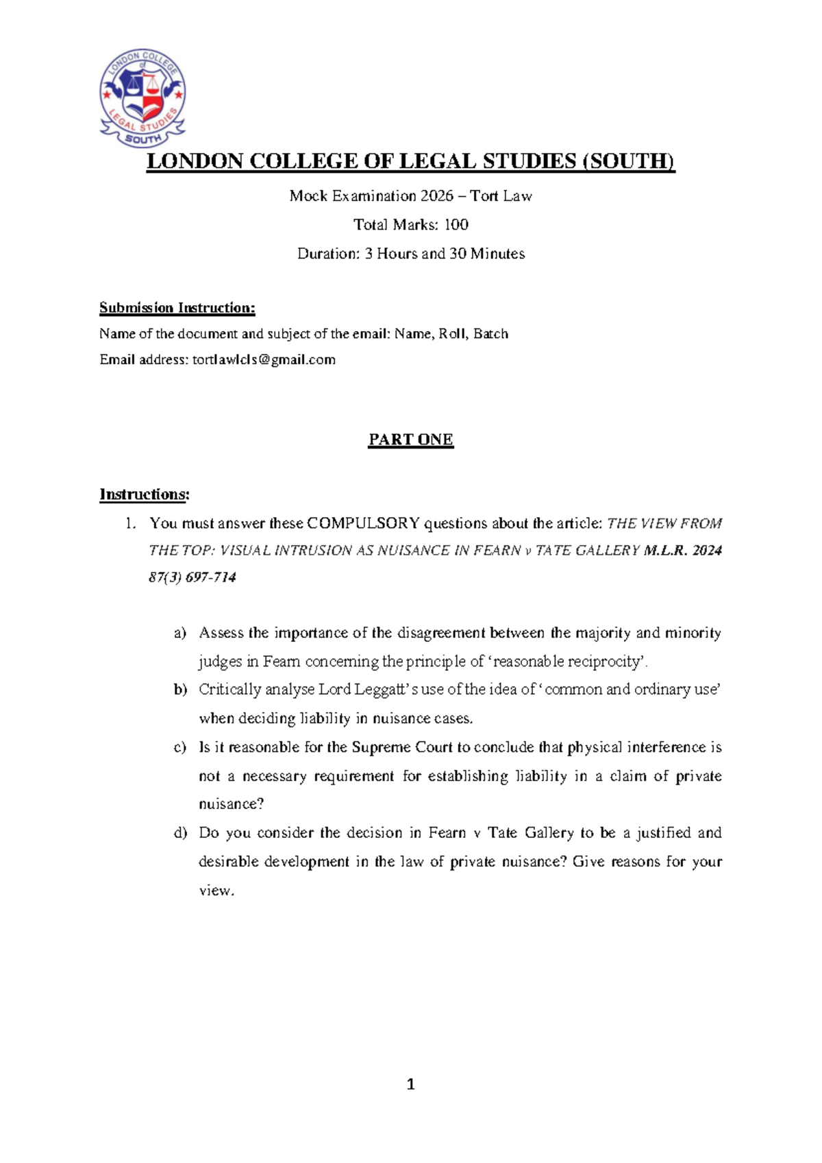 TORT LAW MOCK Exam 2026 - LONDON COLLEGE OF LEGAL STUDIES - Studocu