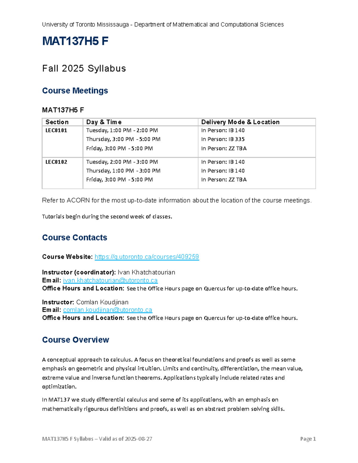 MAT137H5 F Fall 2025 Syllabus and Course Overview - Studocu