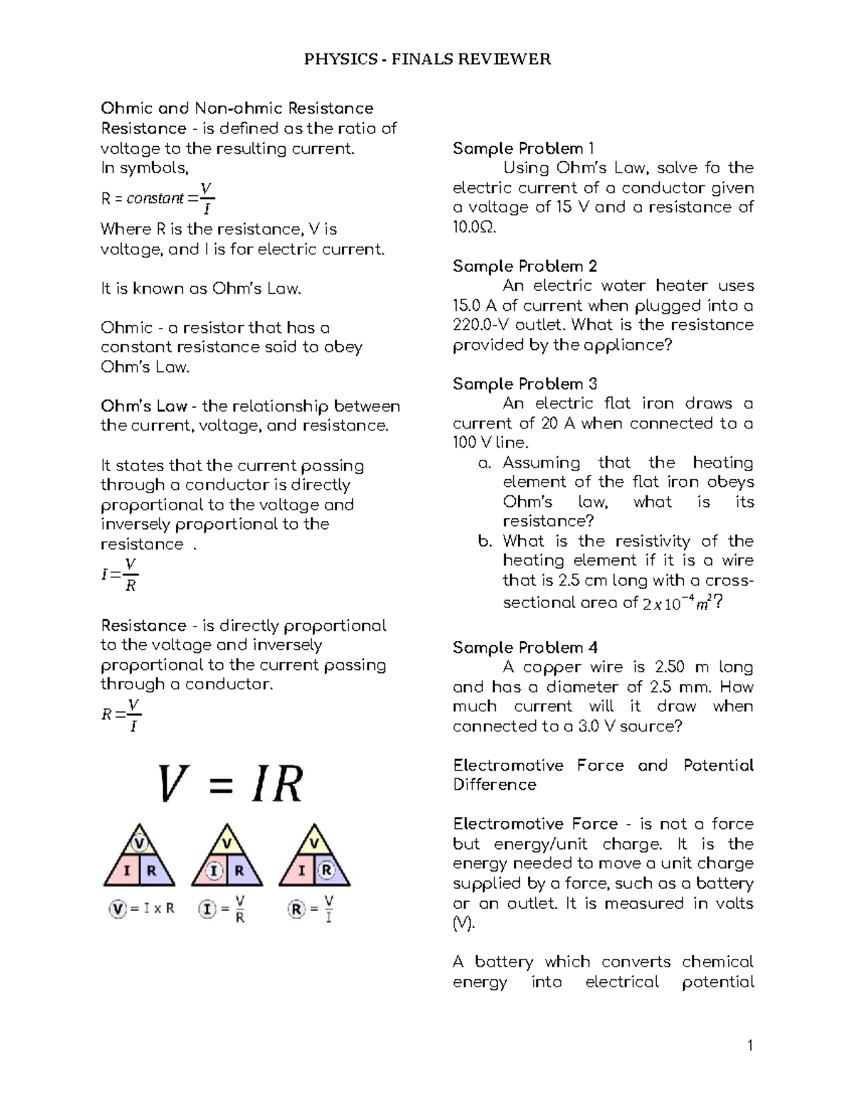 PHYSICS 101 FINALS REVIEWER: Ohm's Law and Electric Circuits - Studocu