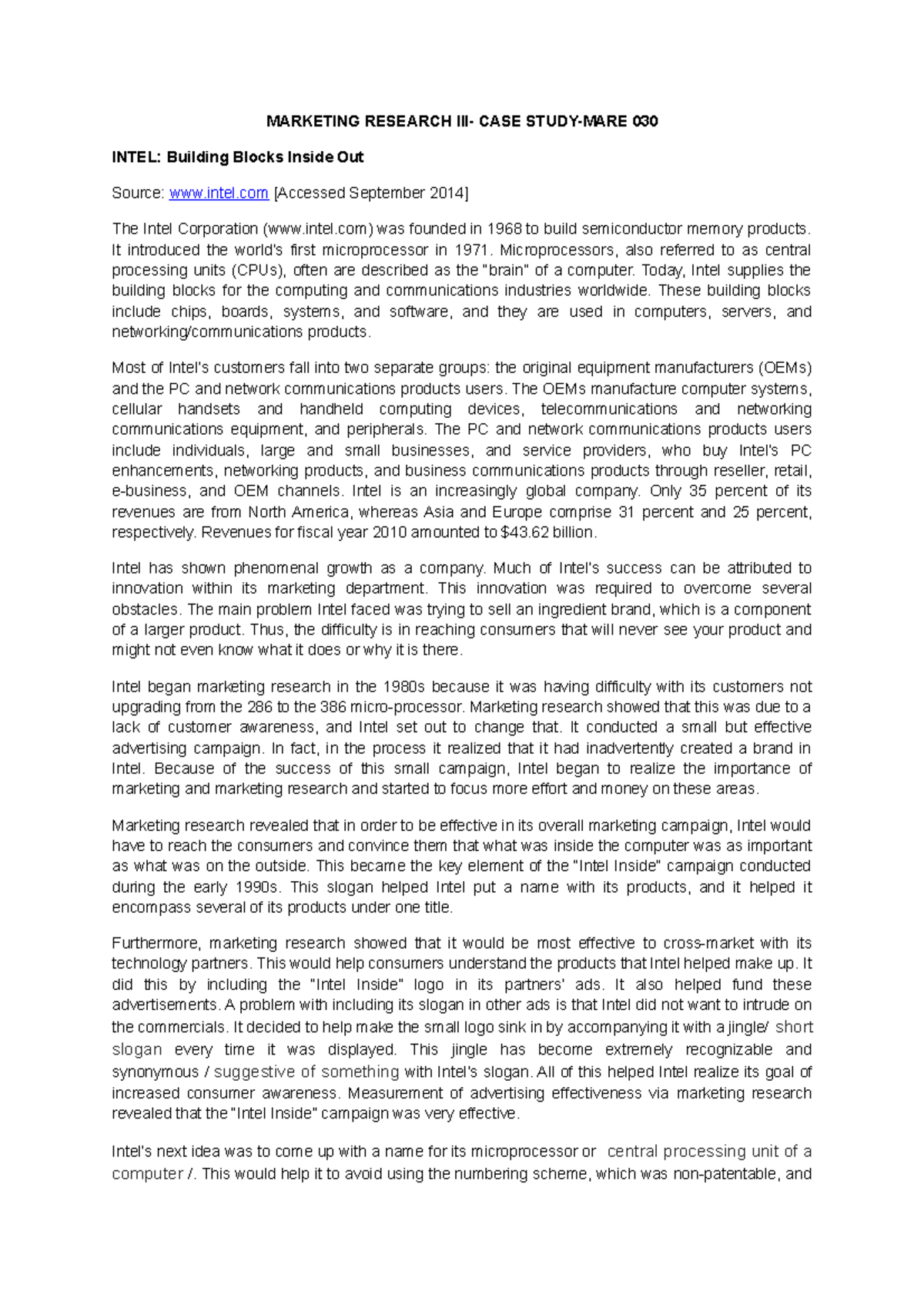 Intel Case study 1 - Read - MARKETING RESEARCH III- CASE STUDY-MARE 030 ...