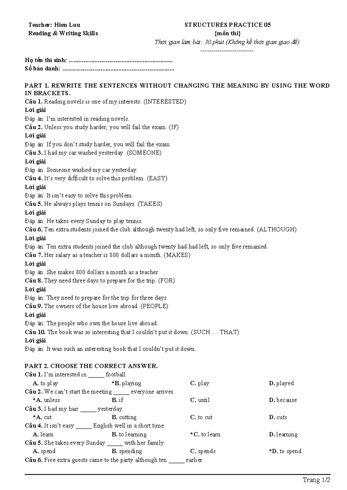 Structures Practice 05 KEY: Reading & Writing Skills Exercises - Studocu