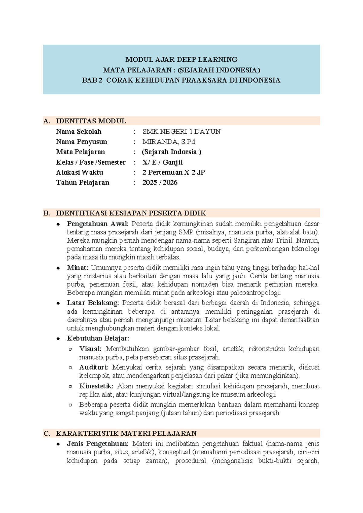 MODUL AJAR SEJARAH INDONESIA: BAB 3 KEHIDUPAN PRASEJARAH DI ...