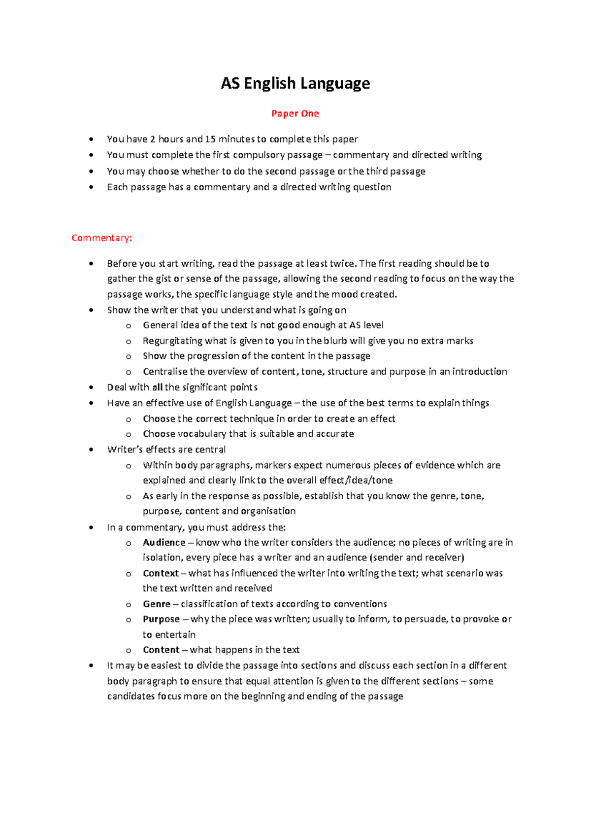 AS English Language - Lecture Notes on Paper One Strategies - Studocu
