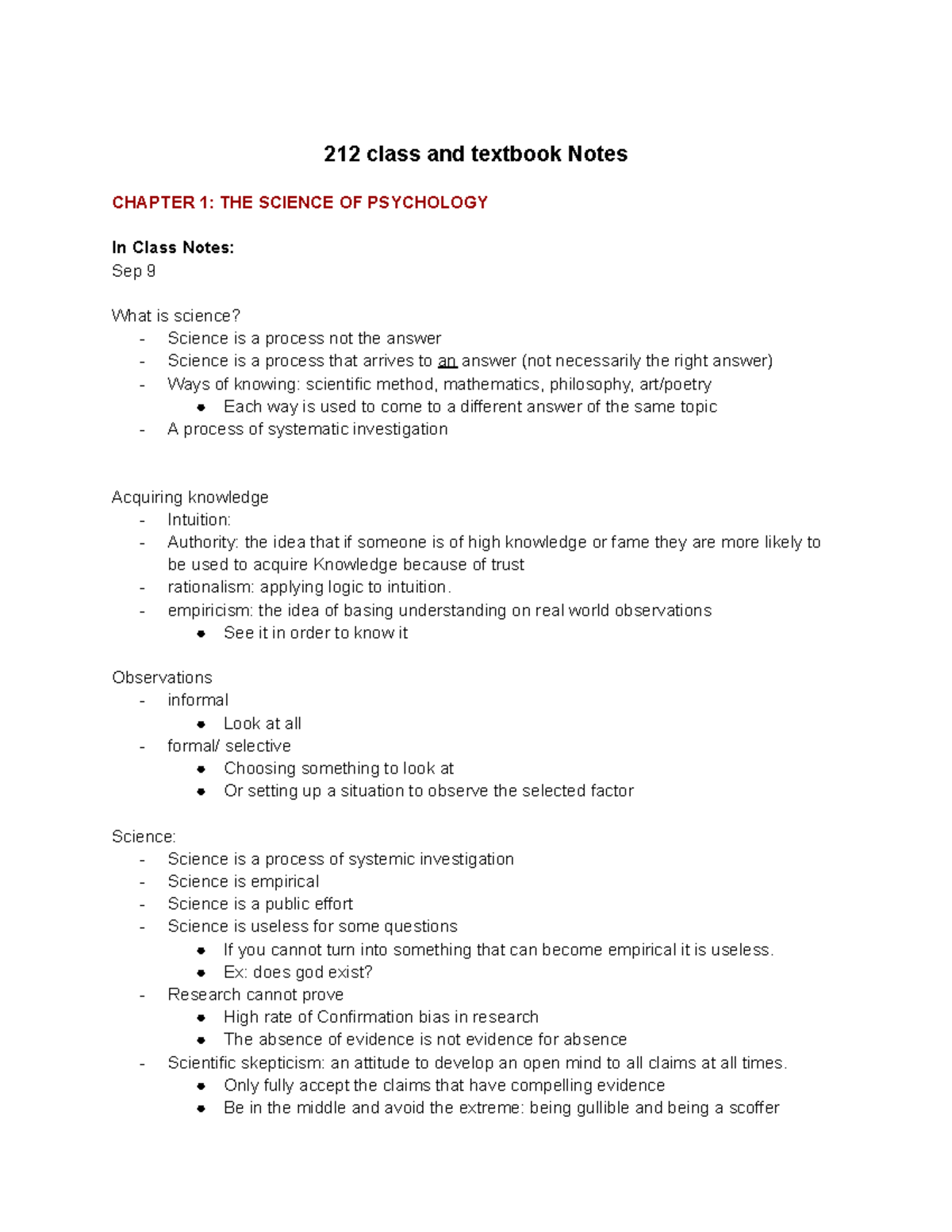 212 Notes - 212 class and textbook Notes CHAPTER 1: THE SCIENCE OF ...