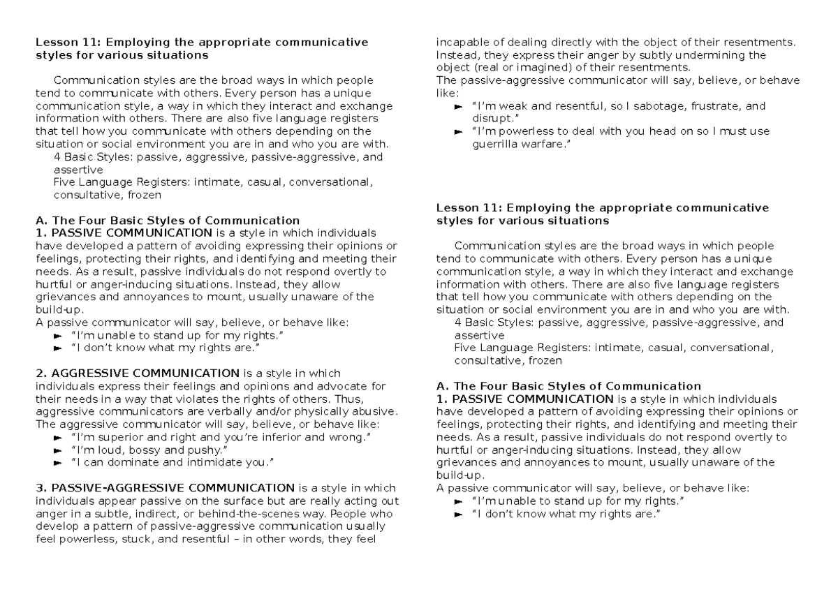 Lesson 11: Communicative Styles for Various Situations and Contexts ...