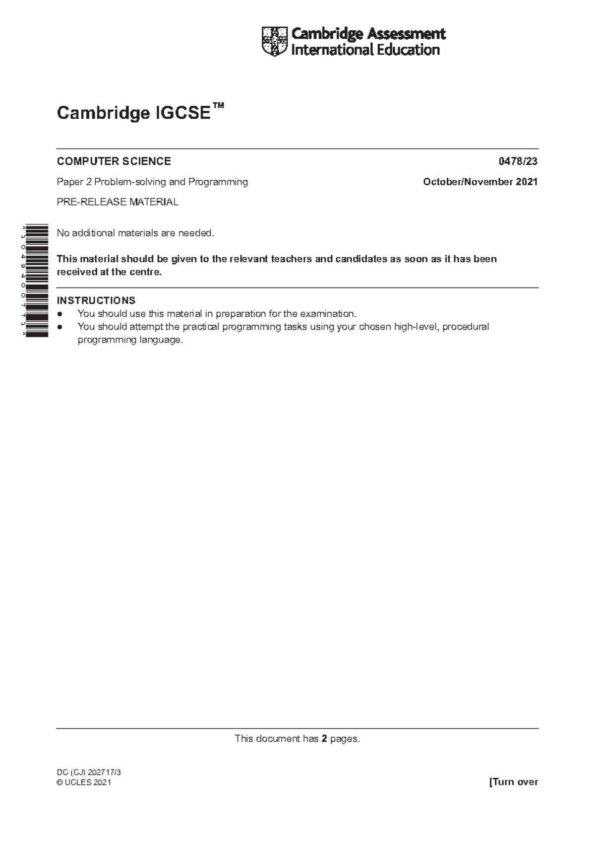 Cambridge CS Paper 2 & Programming 2021 Pre-release Material - Studocu