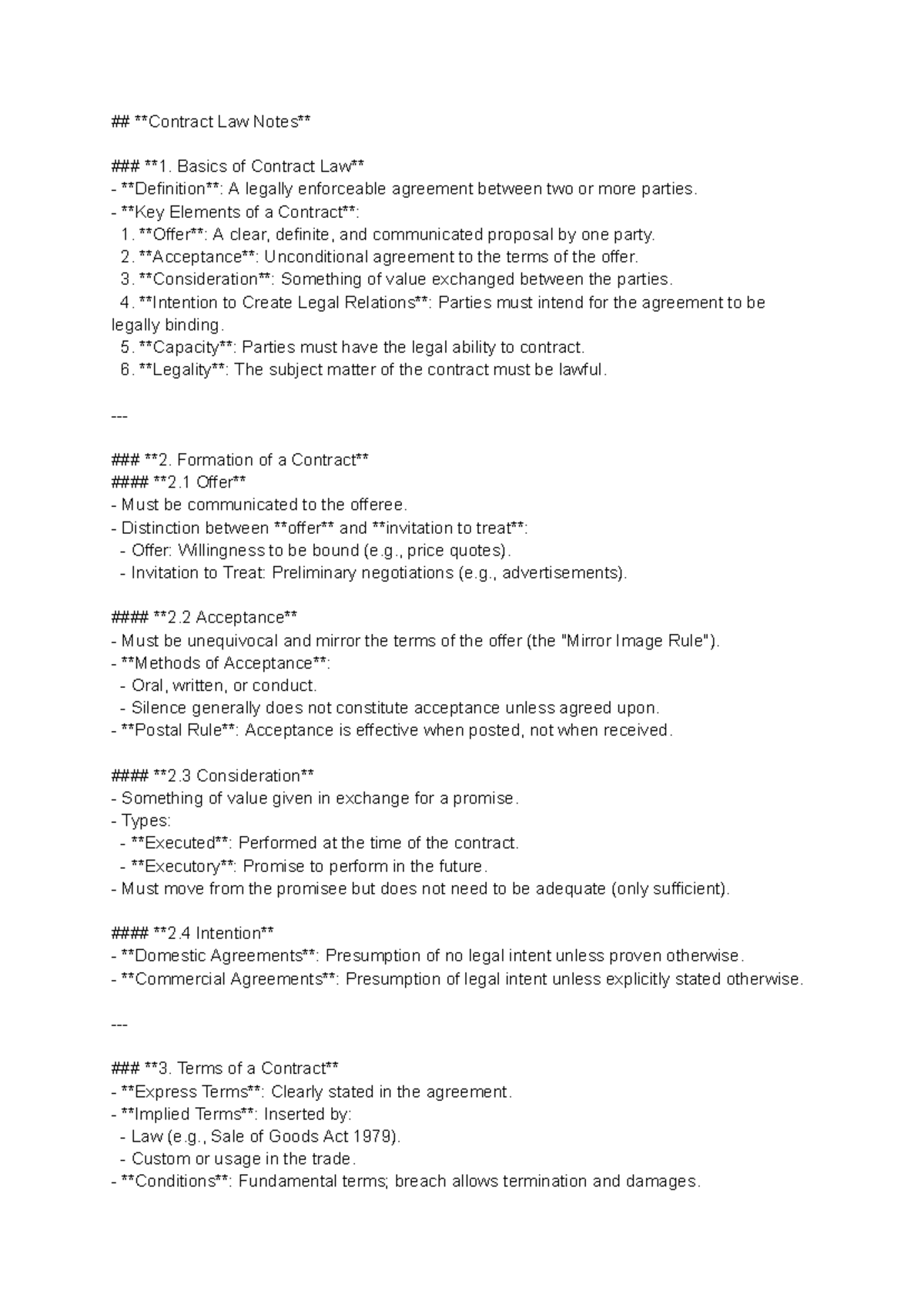 Contract Law Notes - Key Elements and Principles** - Studocu