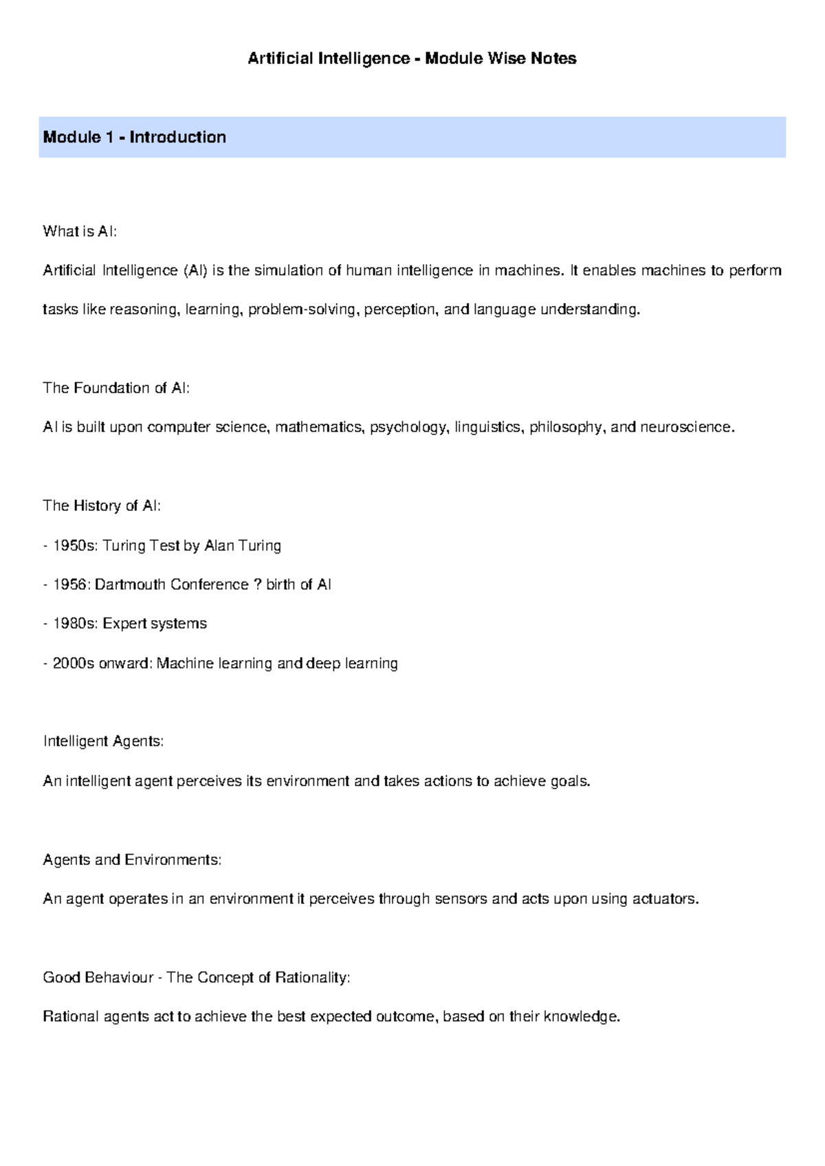 AI Module Notes: Comprehensive Overview of Key Concepts - Studocu