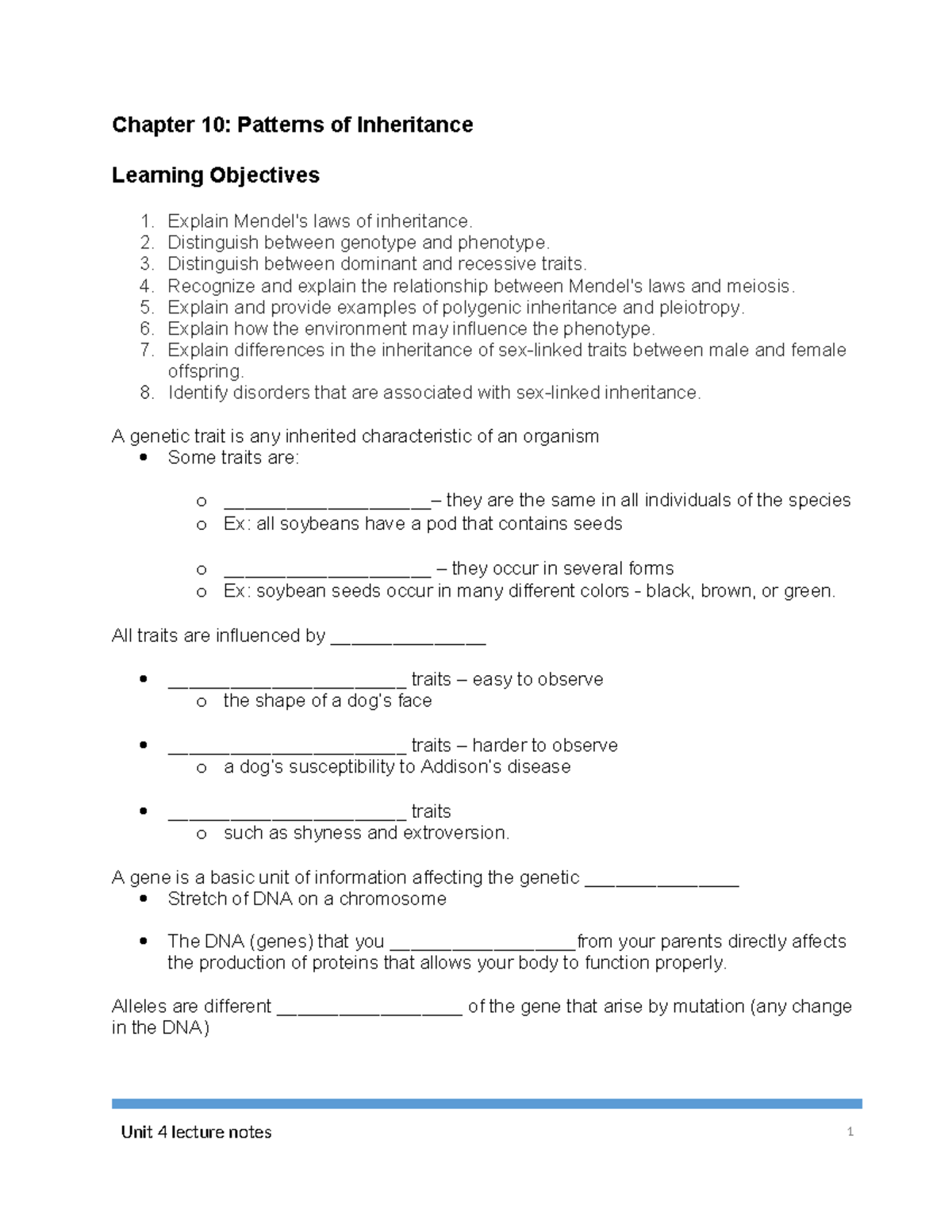 Unit 4 Lecture notes - Chapter 10: Patterns of Inheritance Learning ...