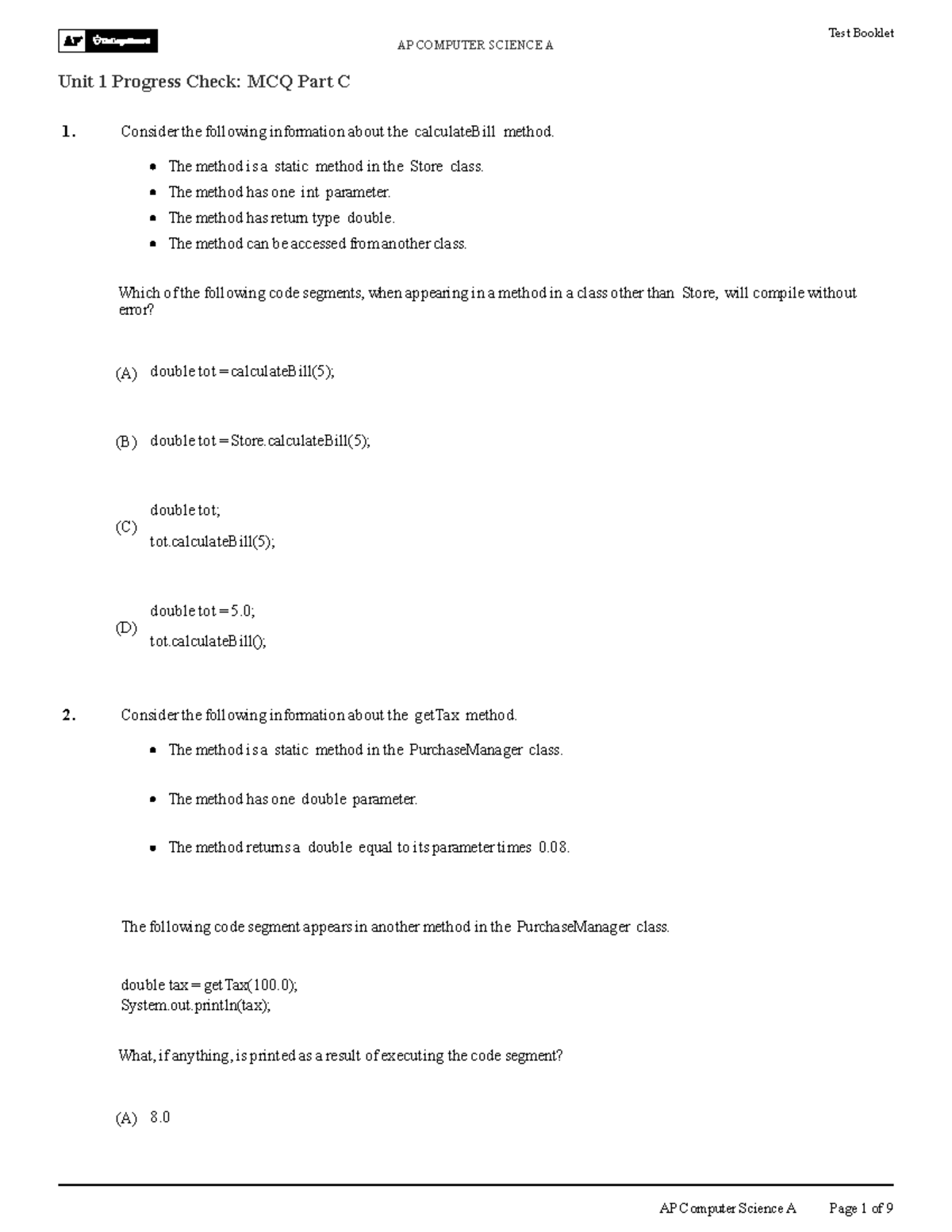 AP Computer Science A Unit 1 Progress Check: MCQ Review - Studocu