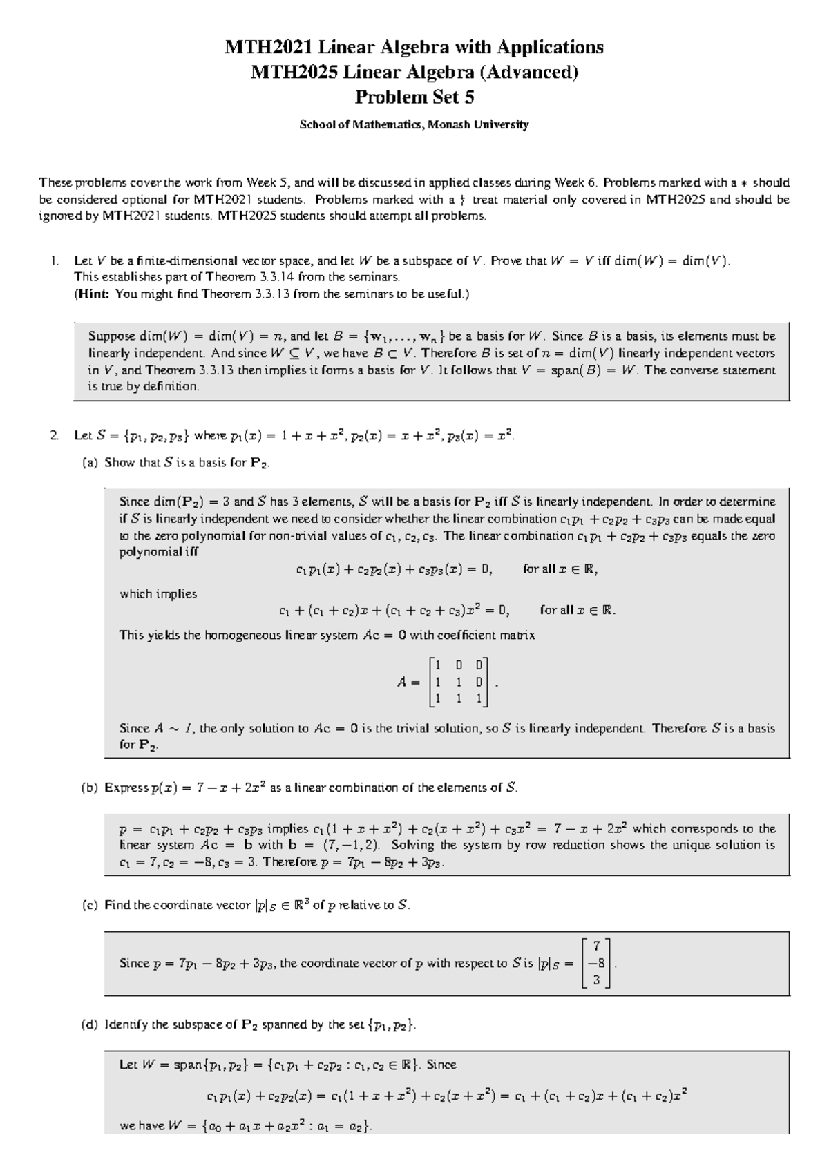 MTH2021 MTH2025 Linear Algebra Problem Set 5 Solutions - Studocu