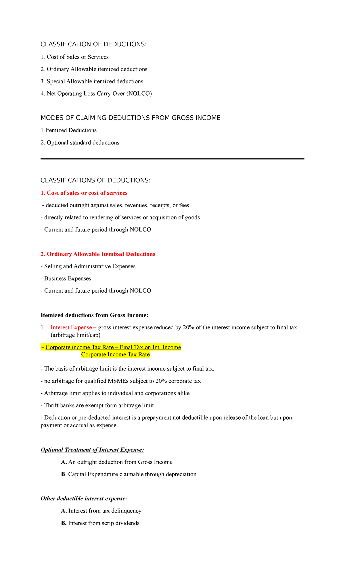 Income Tax - Chapter 13: Classification & Modes of Deductions - Studocu