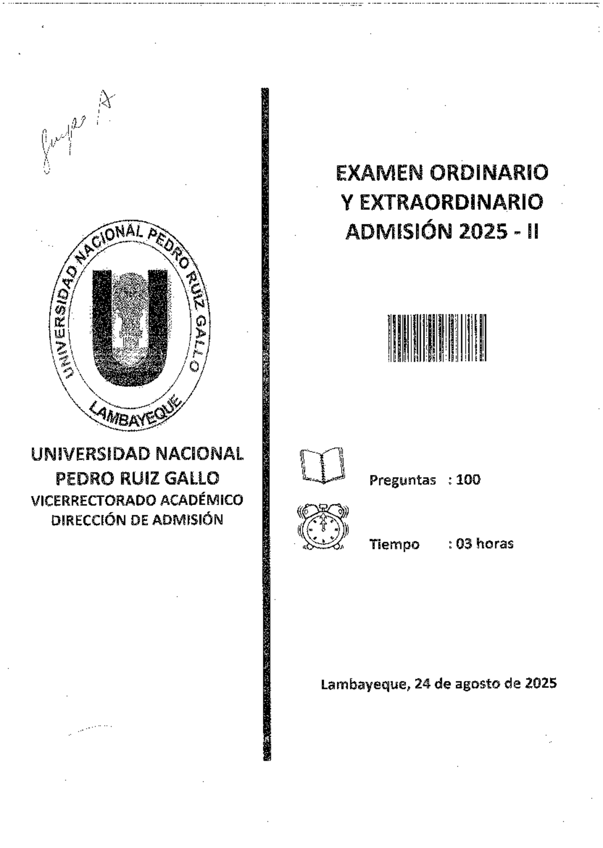 Examen Ordinario y Extraordinario Admisión 2025 II - UNPRG - Document Preview