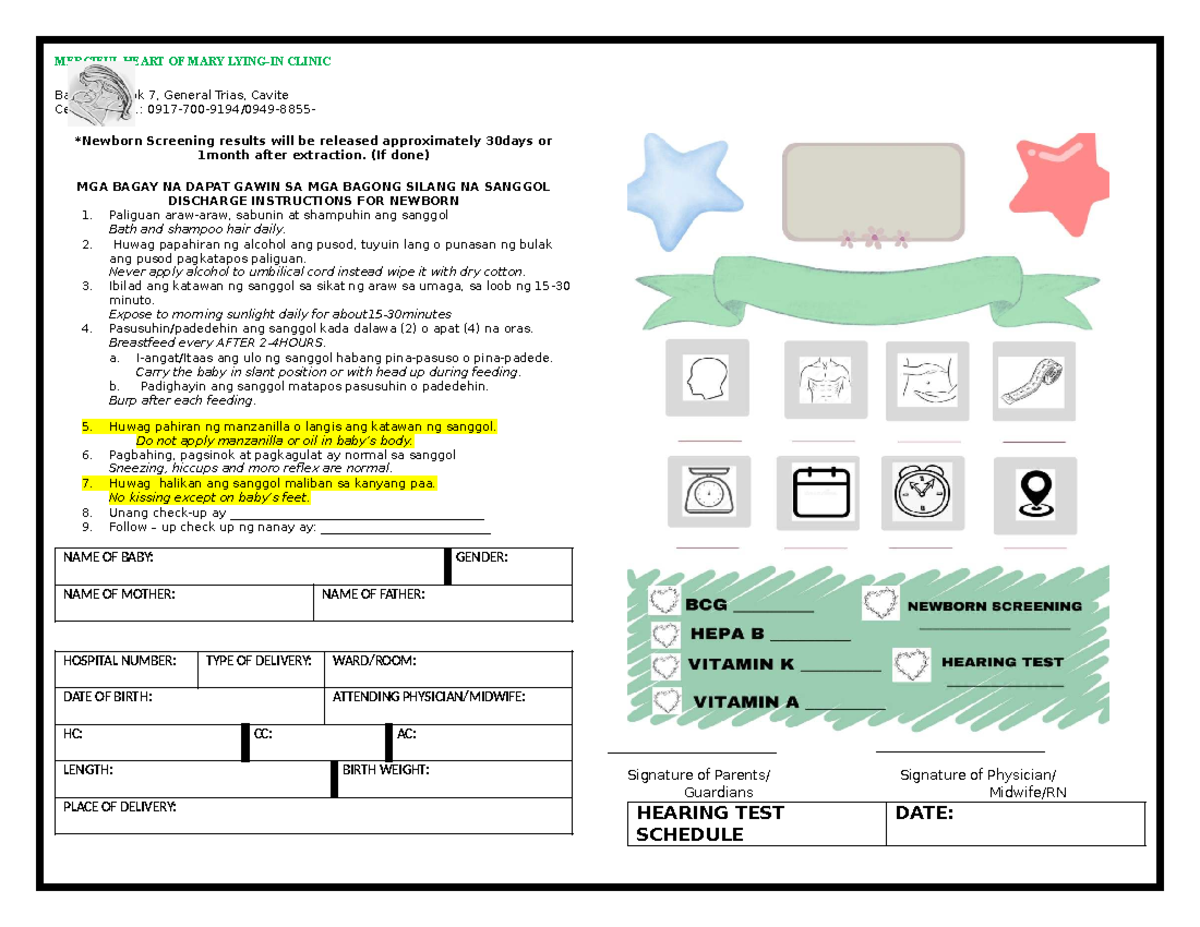 Newborn Record and Discharge Instructions for Newborns - Studocu