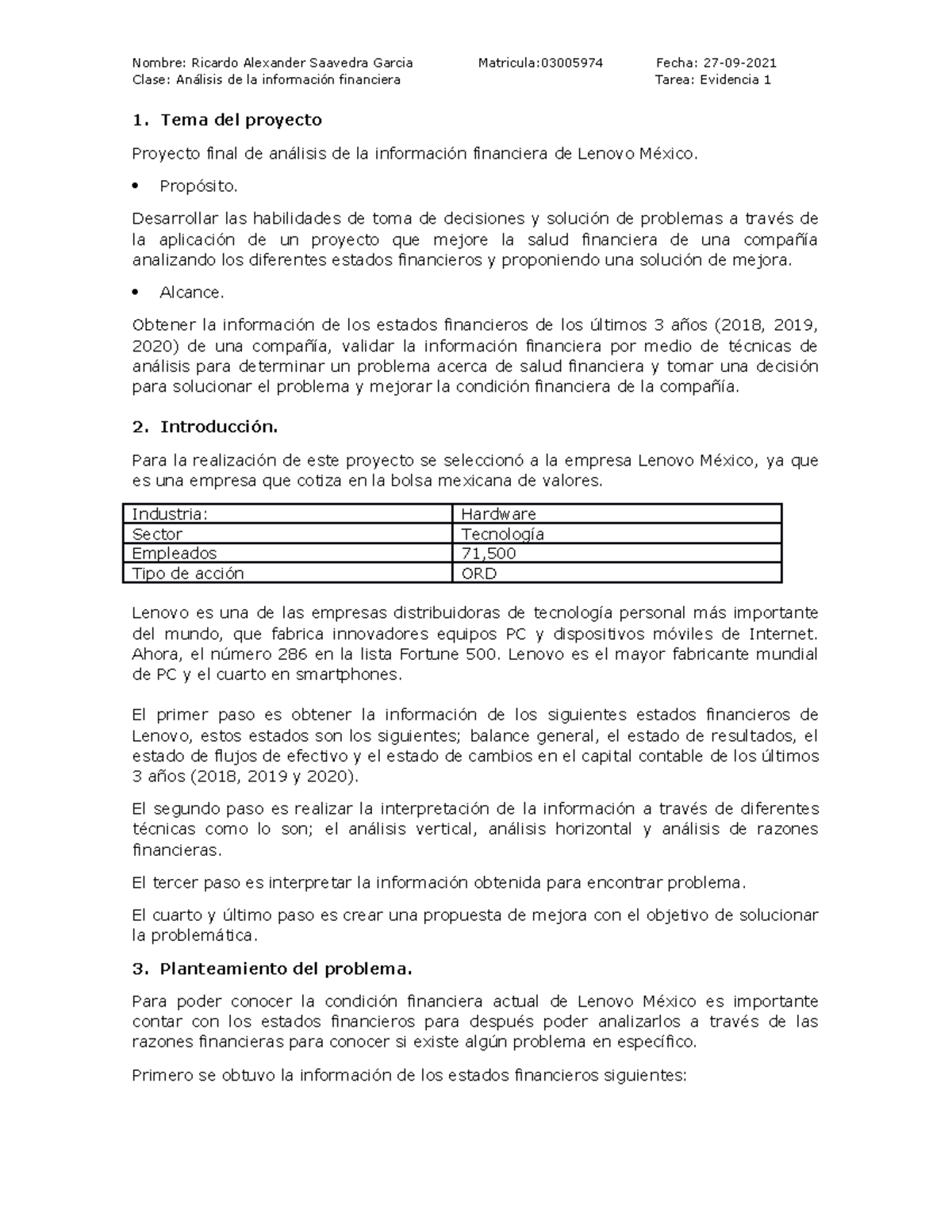 Evidencia 1 - Proyecto Final de Análisis Financiero de Lenovo México ...