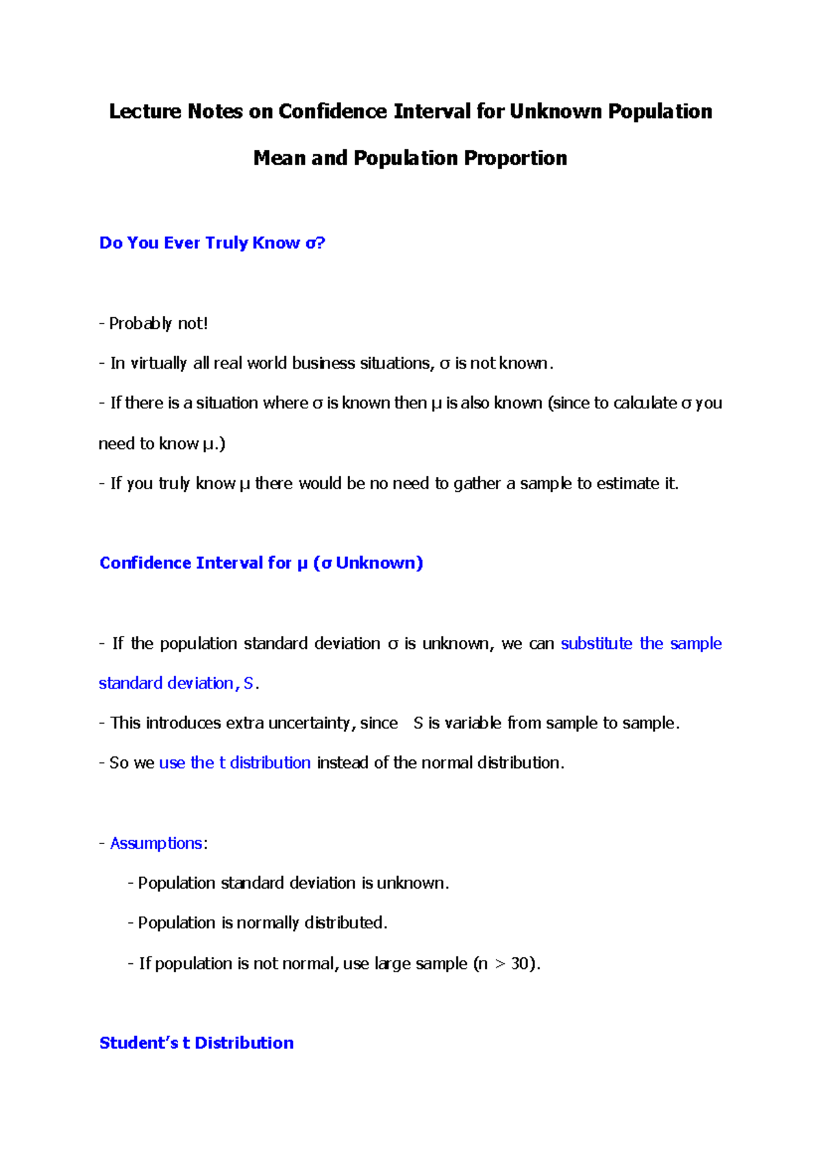 Lecture Notes on Confidence Interval for Unknown Population Mean and ...