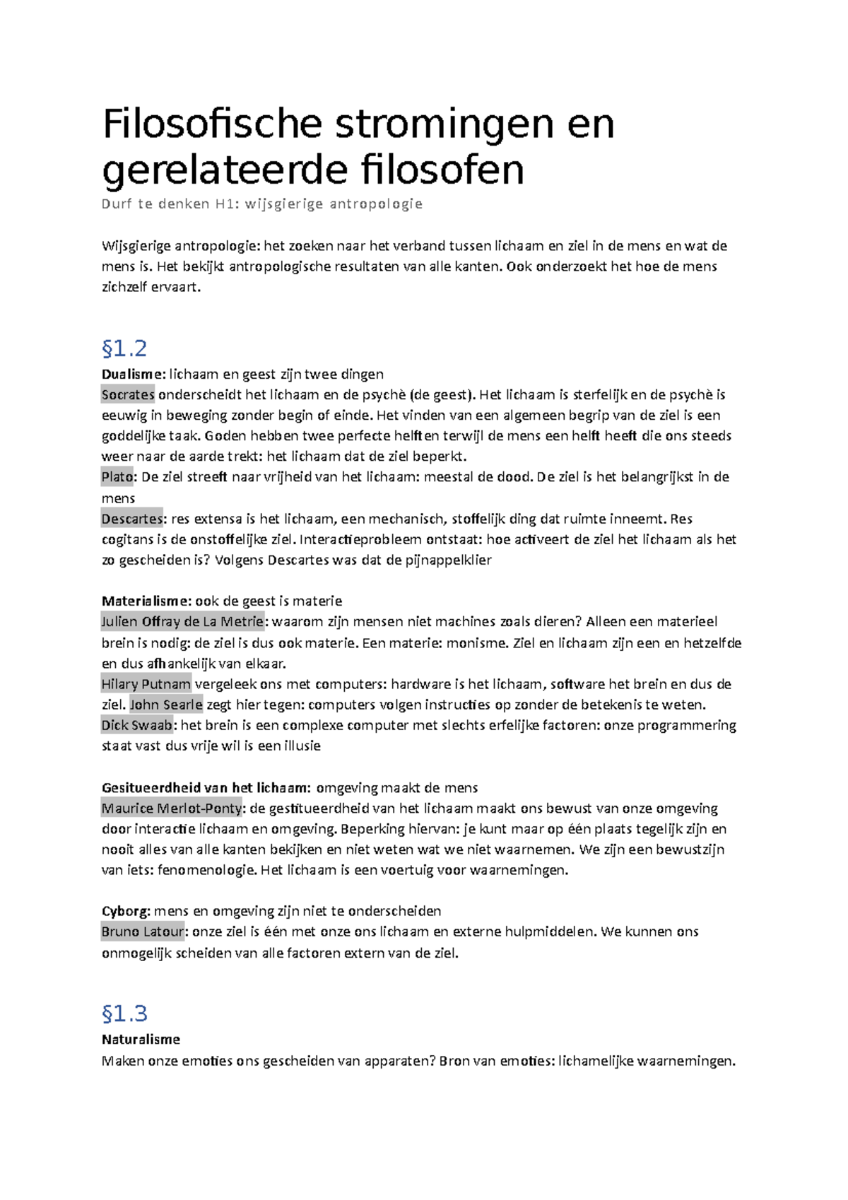 Wijsgerige Antropologie H1: Filosofische Stromingen en Het Mensbeeld ...