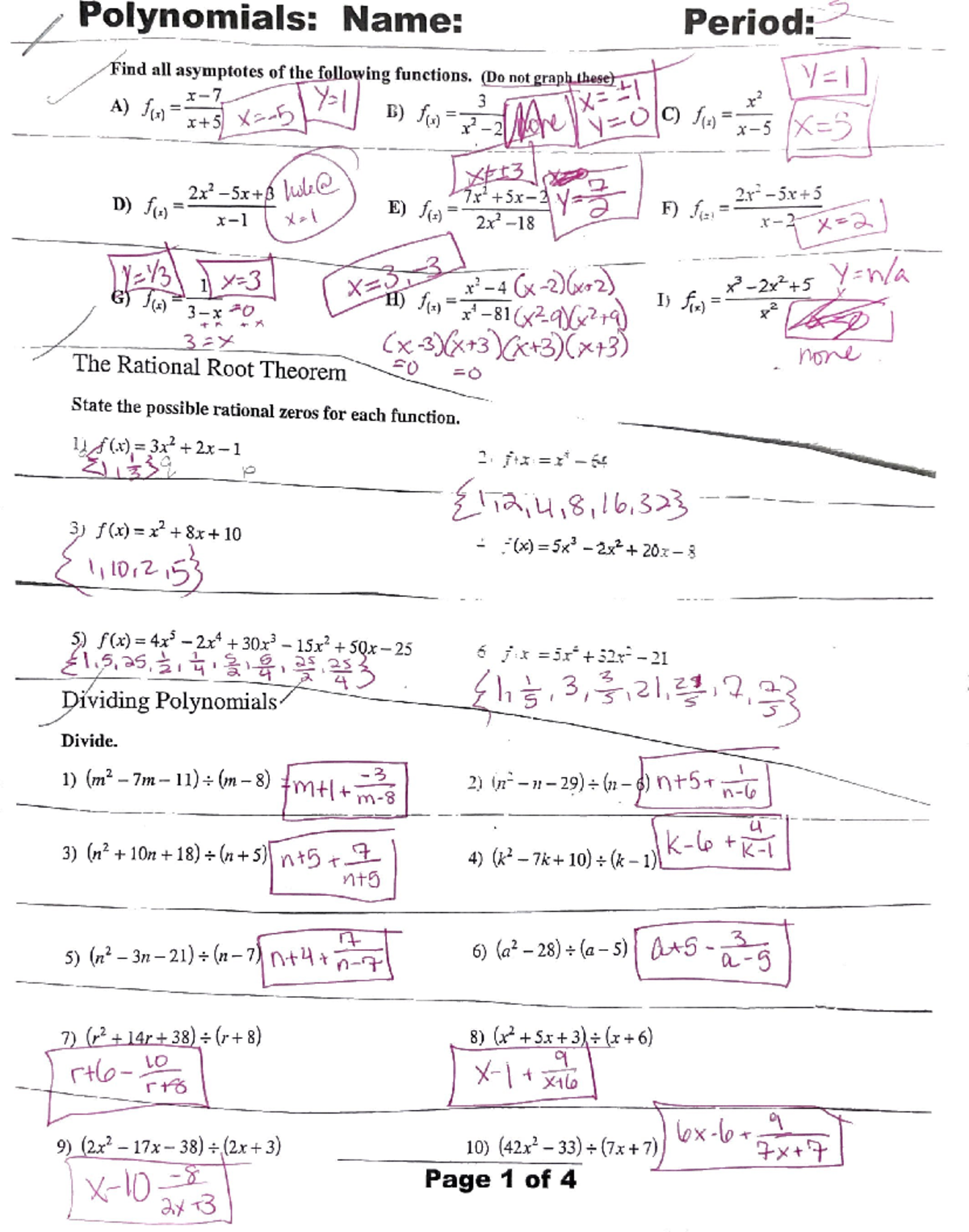 Polynomial test 2 - Polynomials: Name: Period: Find all asymptotes of ...