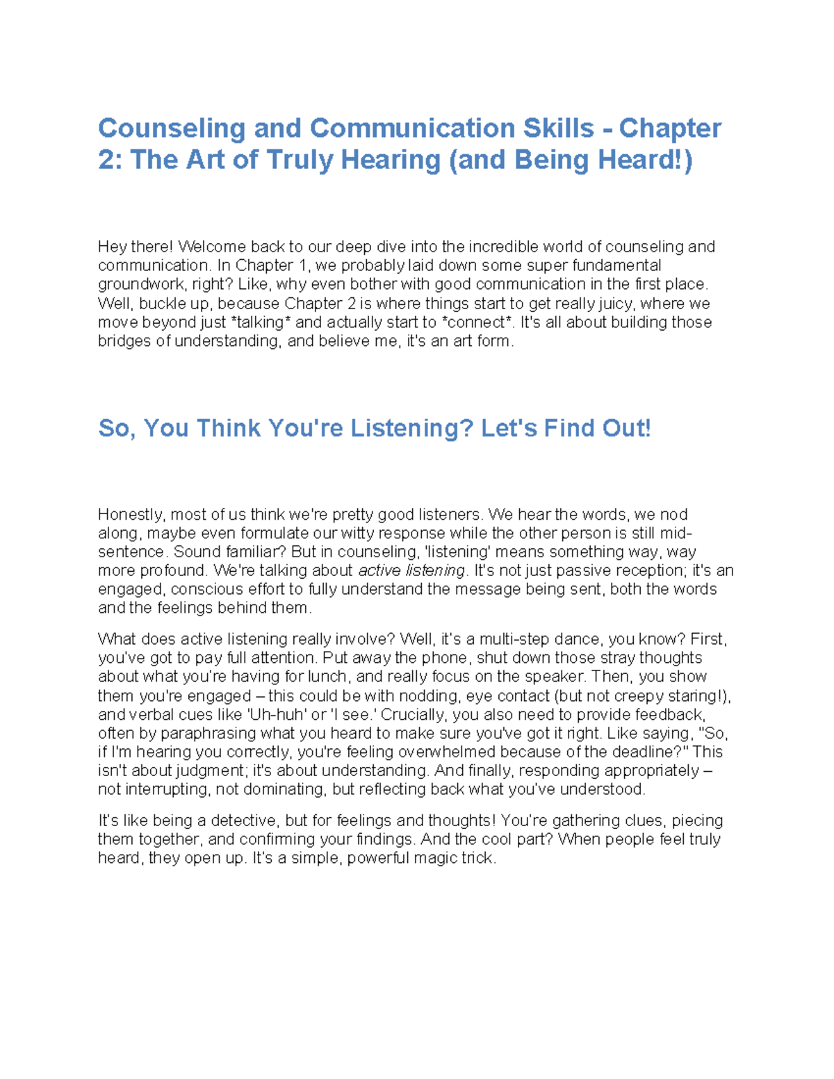 Counseling Essentials CH2: Mastering Active Listening & Empathy - Studocu