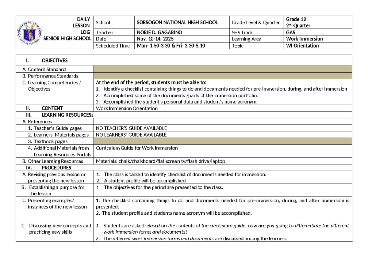DAILY LESSON LOG: Work Immersion Orientation (Grade 12, 2nd Quarter ...