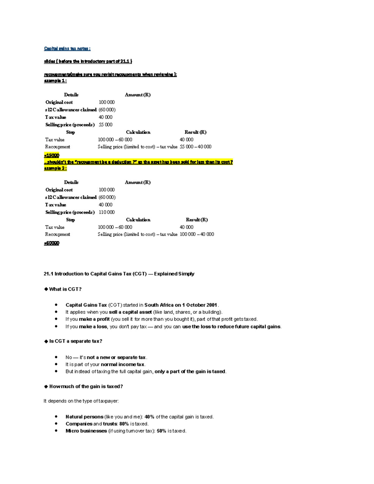 Capital Gains Tax Notes: Key Concepts and Examples (CGT 21.1) - Studocu