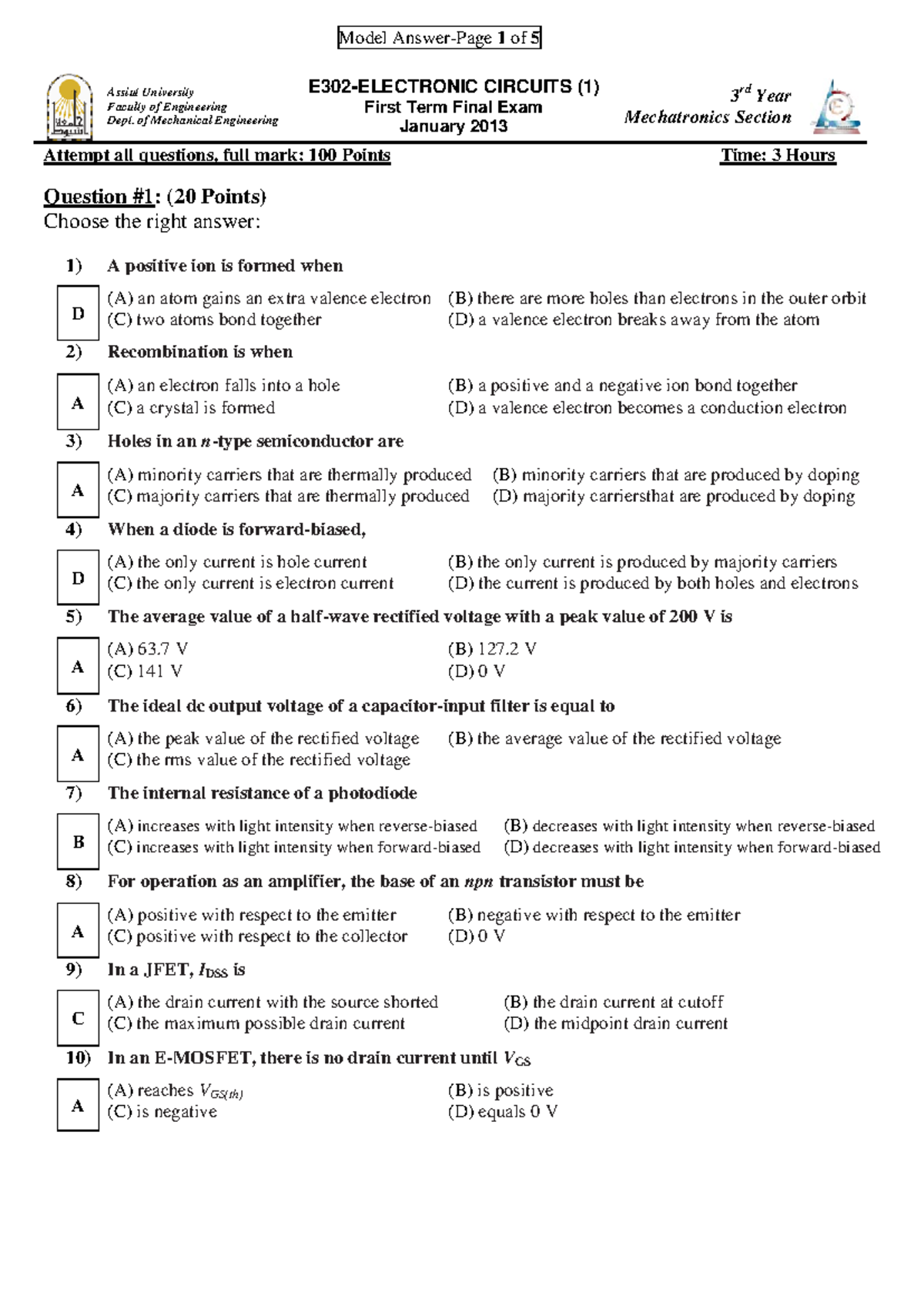 E302 - Electronic Circuits (1) Final Exam Model Answers - Studocu